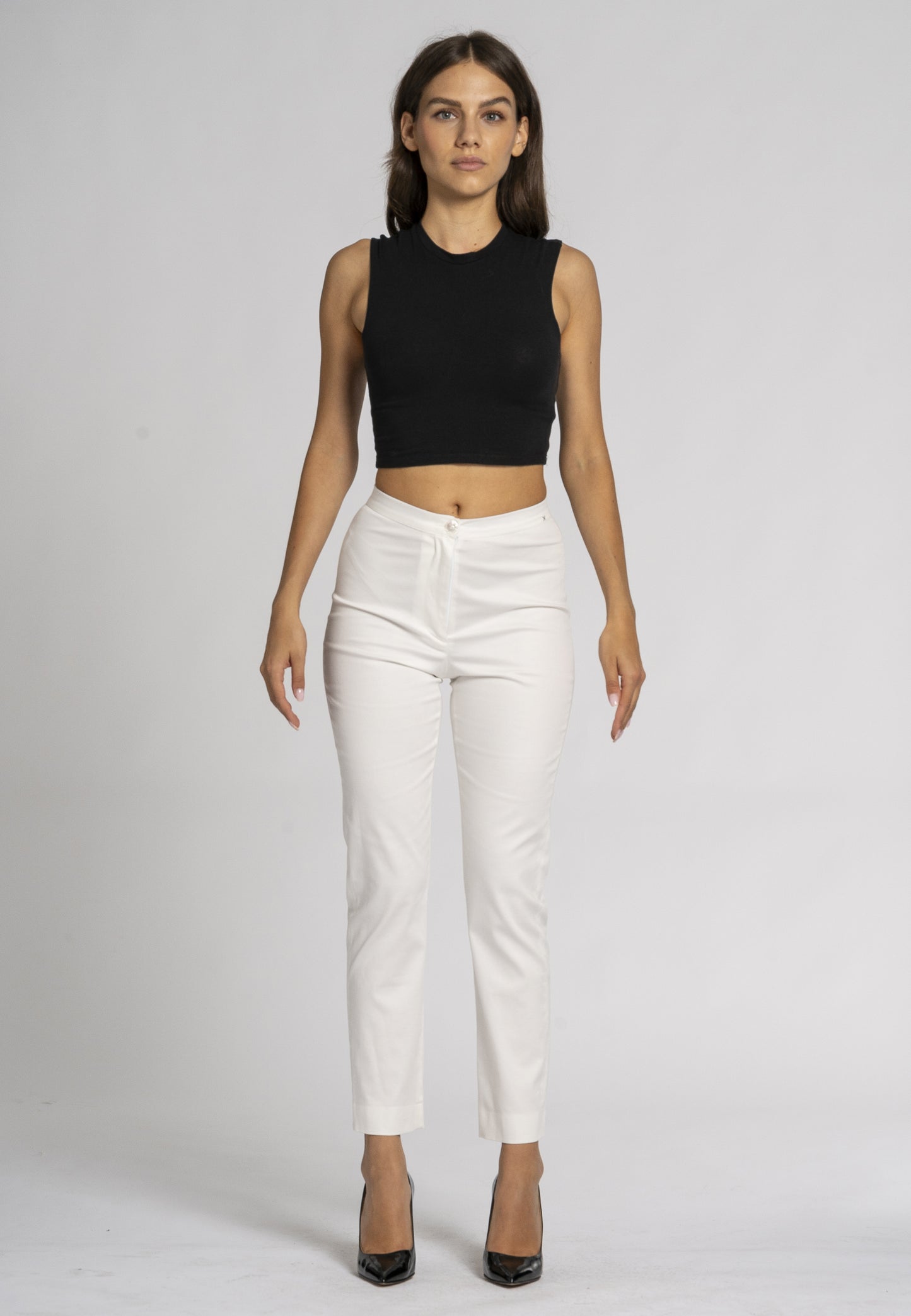 Primula Slim Fit Pants - White Stretch Cotton, Ankle-Length Leg, Zip and Button Front Opening