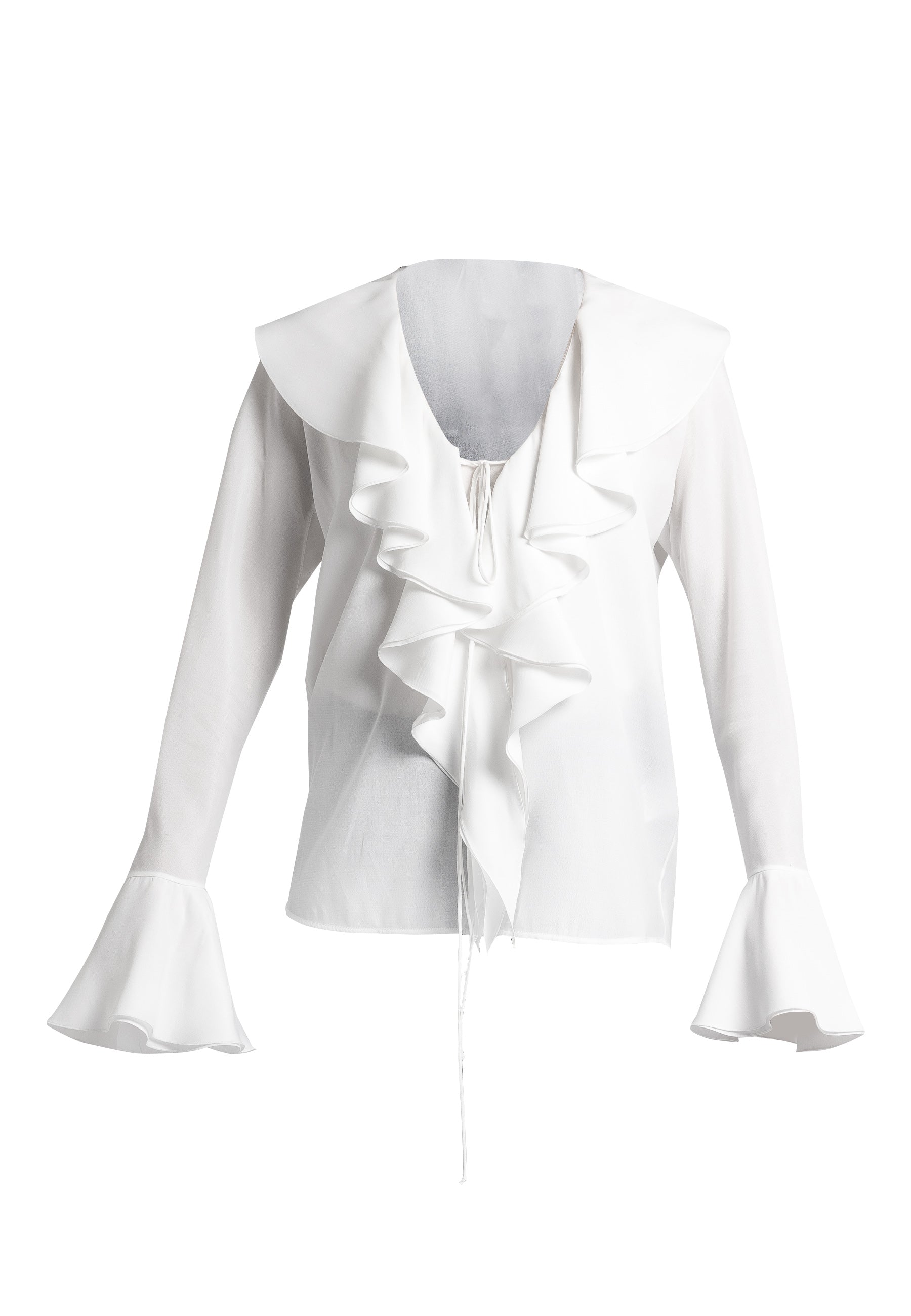 white ruffle blouse  white ruffle top  long sleeve ruffle tops viscose ruffle top  ruffle sleeve blouse  white blouse  designer ruffle top maxi ruffle  made in italy clothing sustainable clothing australia  ethical australian clothing  sustainable dresses australia 