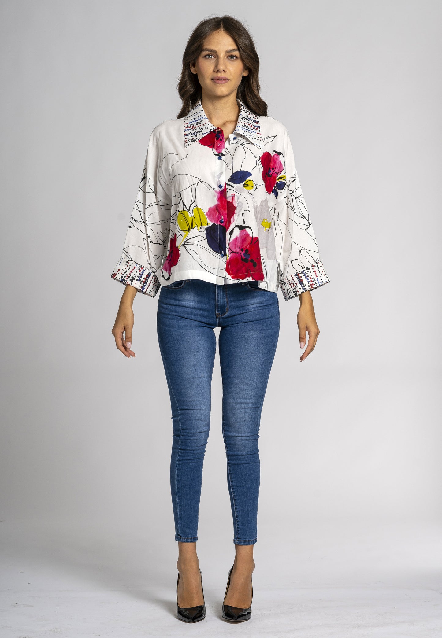 Glicine Floral Print Shirt - Viscose and Linen, Oversized, Elbow Sleeves, Classic Collar, Witty Combination of Prints