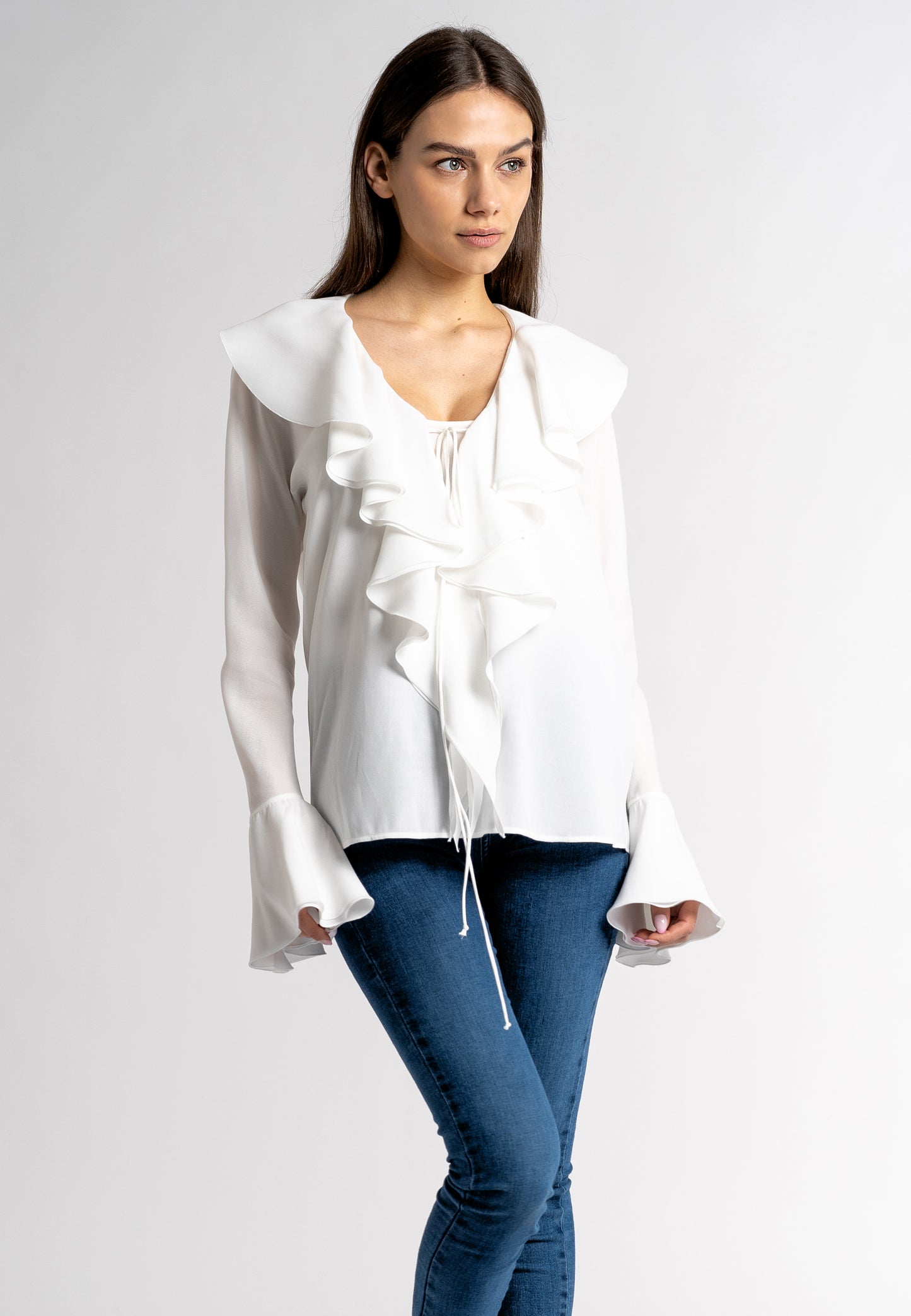 white ruffle blouse  white ruffle top  long sleeve ruffle tops viscose ruffle top  ruffle sleeve blouse  white blouse  designer ruffle top maxi ruffle  made in italy clothing sustainable clothing australia  ethical australian clothing  sustainable dresses australia 