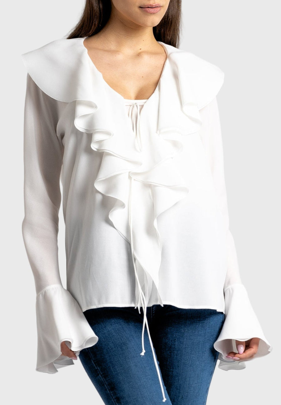 white ruffle blouse  white ruffle top  long sleeve ruffle tops viscose ruffle top  ruffle sleeve blouse  white blouse  designer ruffle top maxi ruffle  made in italy clothing sustainable clothing australia  ethical australian clothing  sustainable dresses australia 