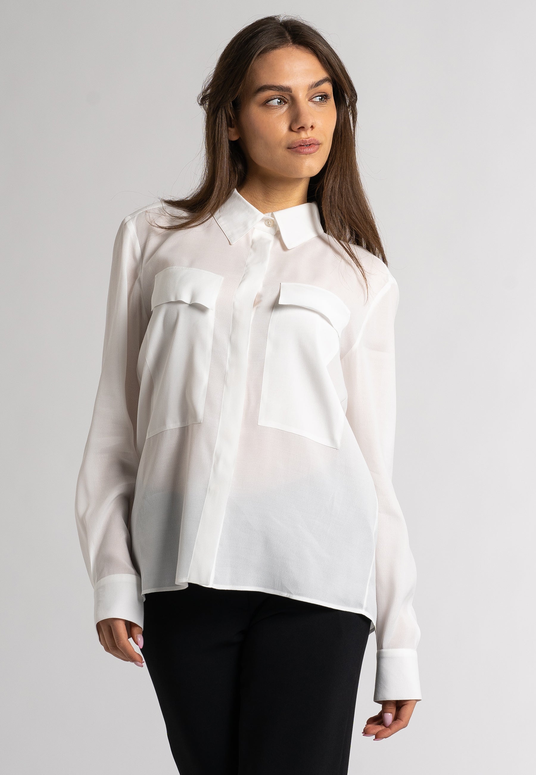  feminine white shirt, ladies long sleeve shirt, viscose blouse, stylish white shirt, pocket shirt