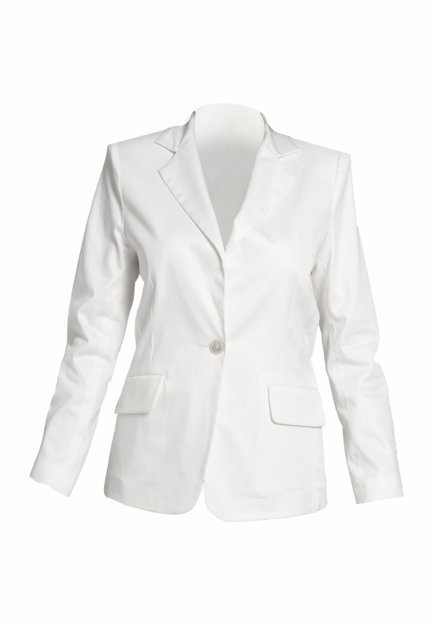 Girasole White Jacket - Soft Cotton Stretch, Classic Collar, Two-Button Lacing, Rounded Hem, Classic Shoulder
