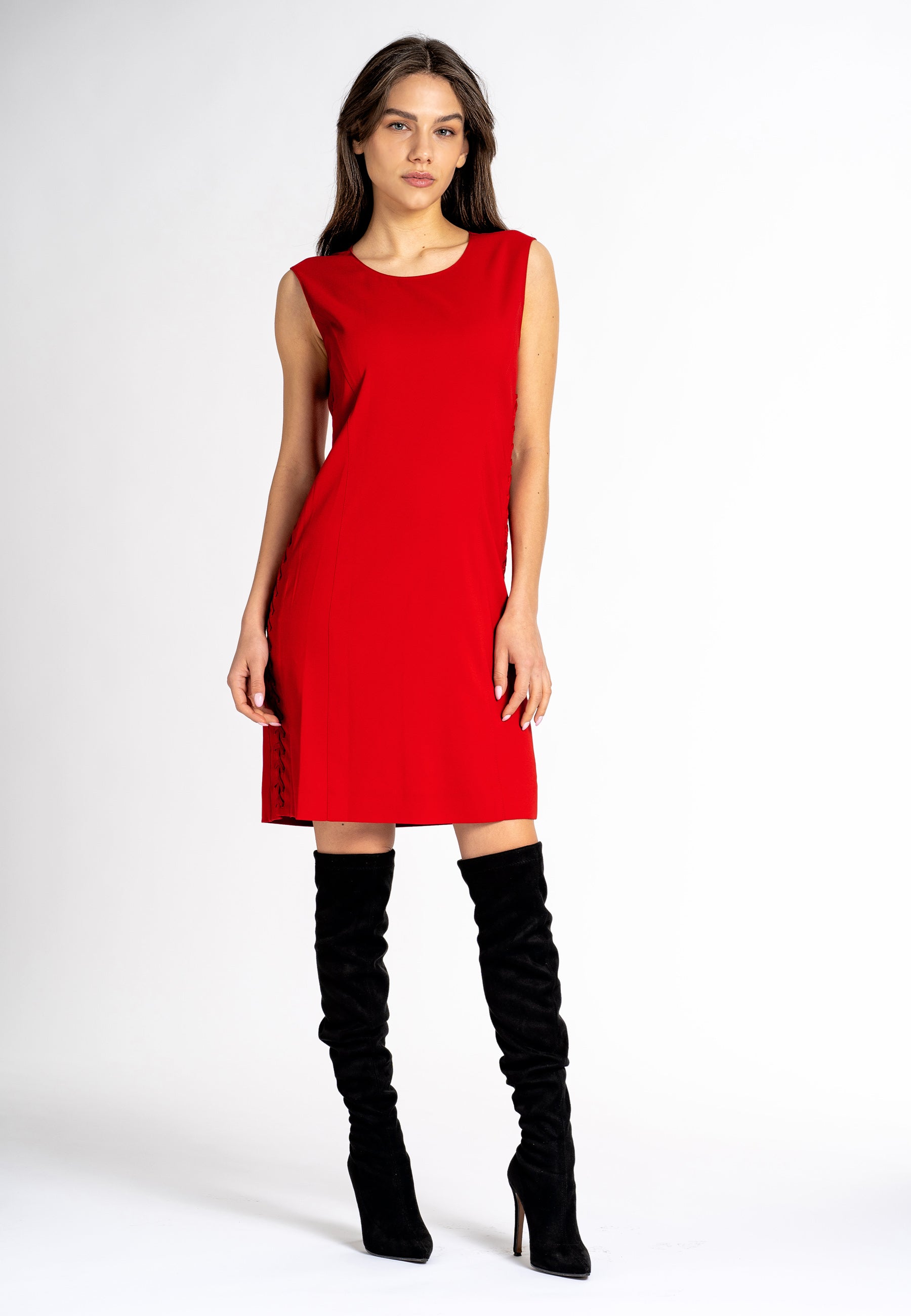 sustainable dresses australia  red dress with side laces  Side slotted sheath dress sheath dress australia sheathdress red women cut out dress  red dress  made in italy clothing designer dress  italian design dresses Red side lace Red mide dress  sleeveless red dress  red sleeveless dress winter dresses Australia 
