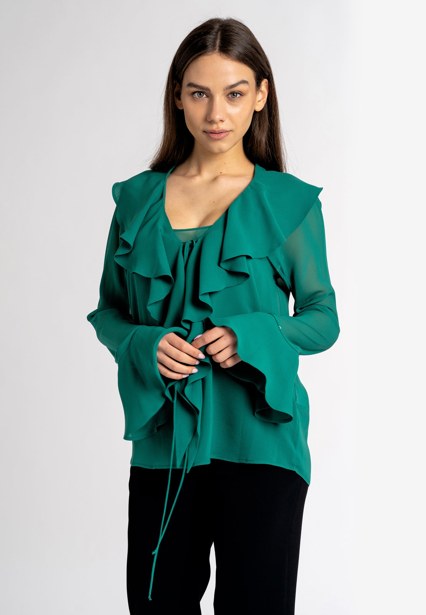 ruched shirt green ruffle  blouse  ruffle blouse long sleeve ruffled blouse green ruffle blouse  green ruffle tops  long sleeve ruffle tops  viscose ruffle top  ruffle sleeve blouse  green blouse  designer ruffle top maxi ruffle made in italy clothing sustainable clothing australia  ethical australian clothing  sustainable dresses australia 