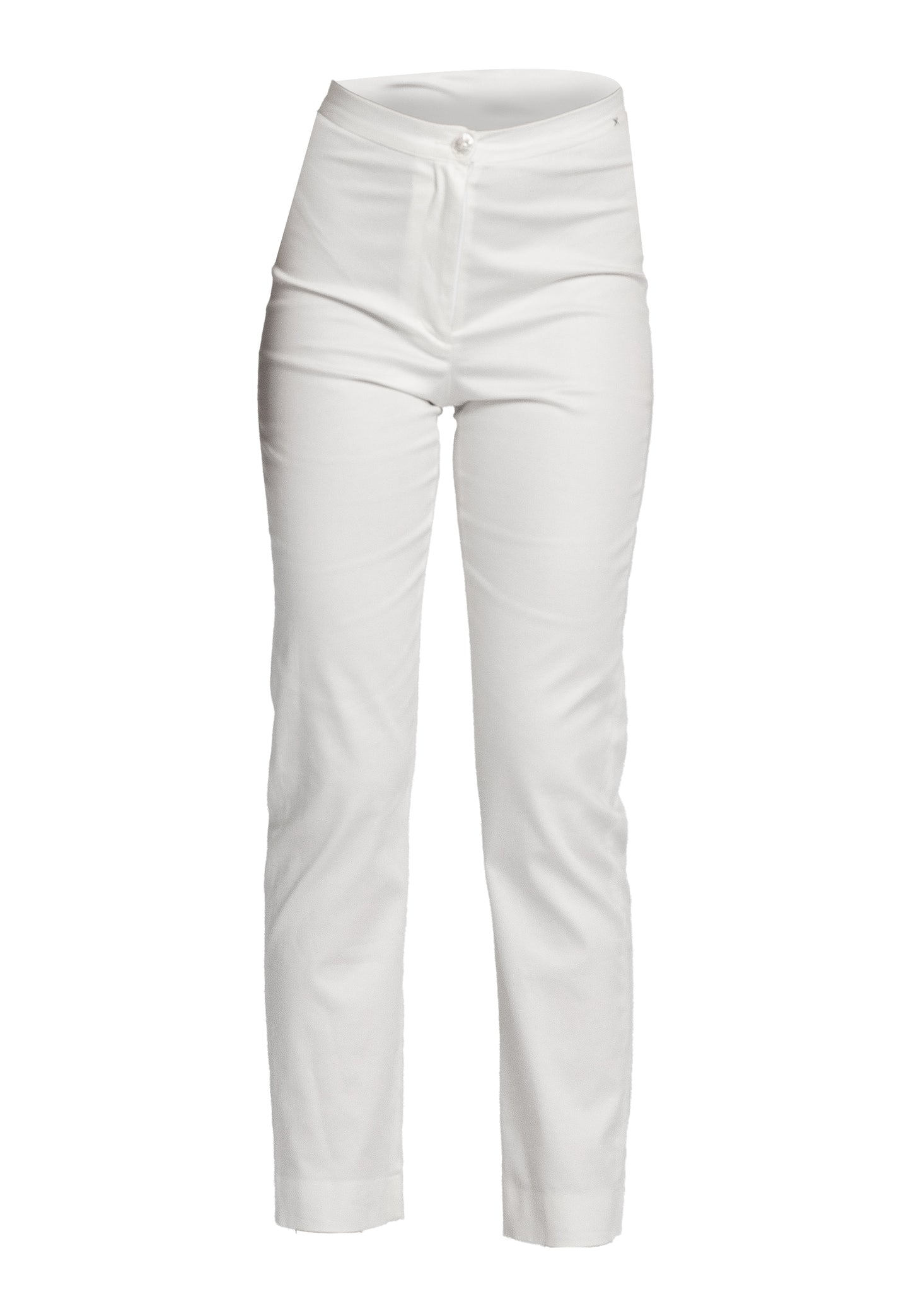 Primula Slim Fit Pants - White Stretch Cotton, Ankle-Length Leg, Zip and Button Front Opening