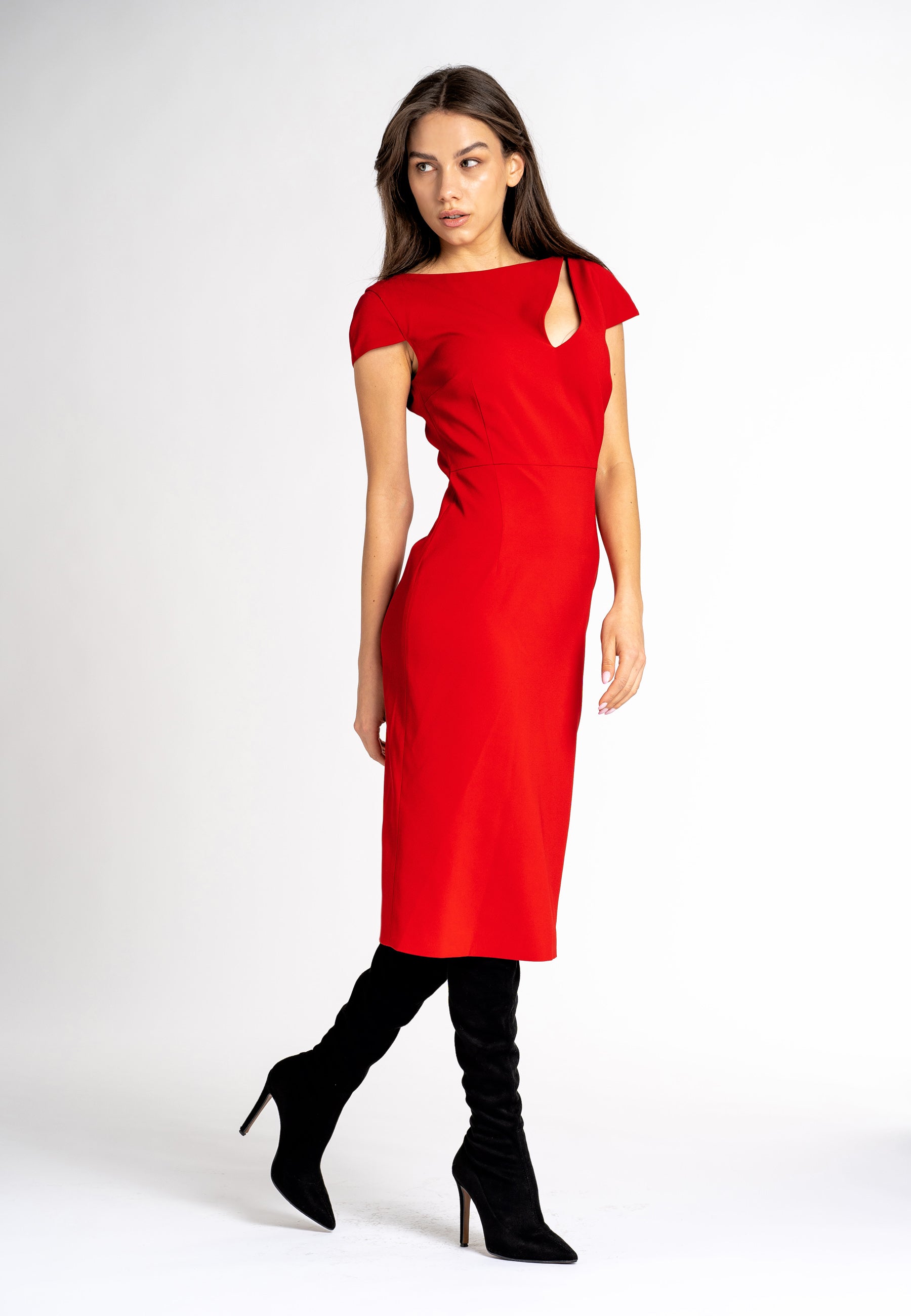 sustainable dresses australia  midi dress red cut out neck dress  red cut out midi dress midi cut out dress tubino goccia sheath dress sheath dress australia sheathdress red women cut out dress  red dress  made in italy clothing winter dresses Australia
