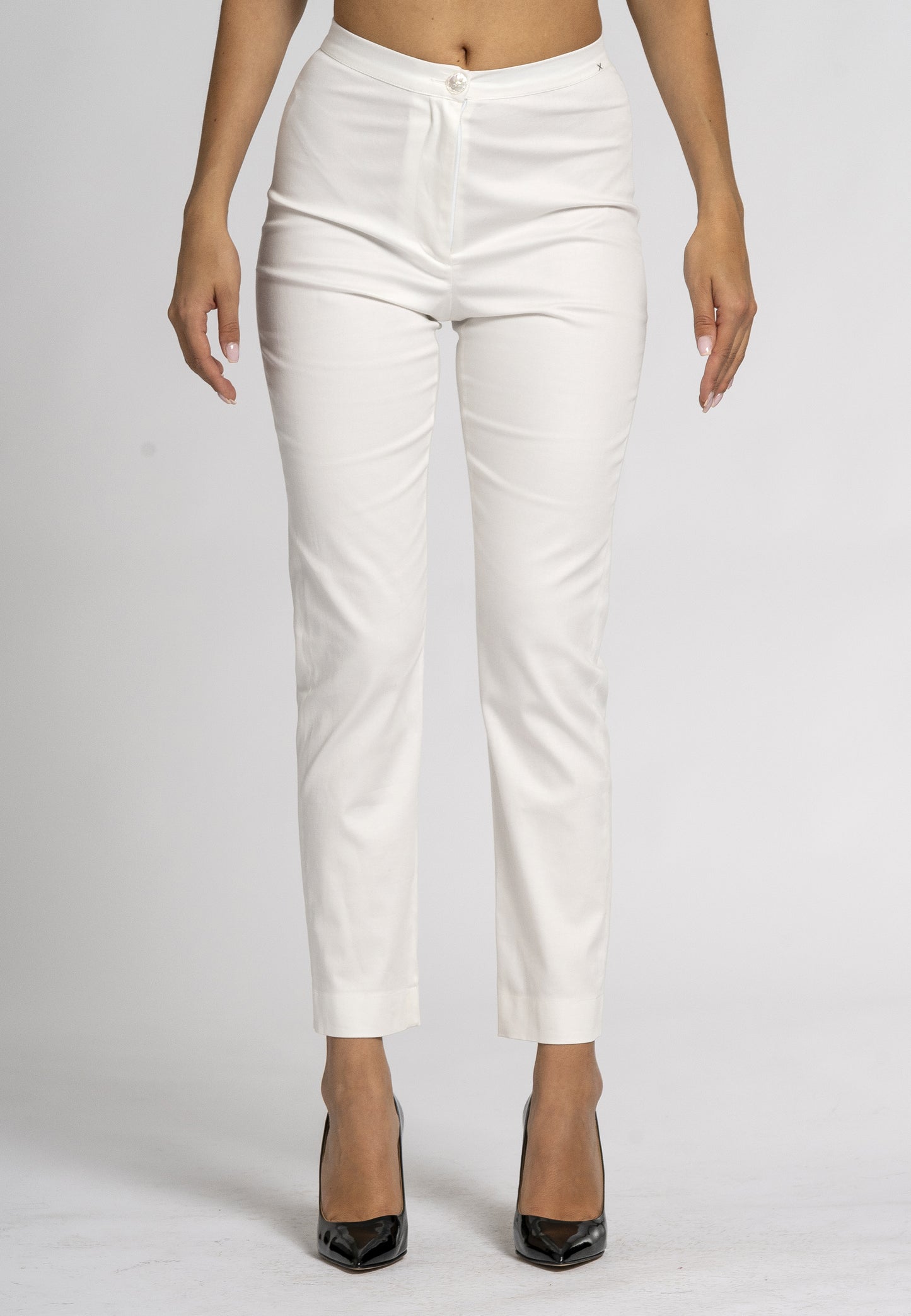 Primula Slim Fit Pants - White Stretch Cotton, Ankle-Length Leg, Zip and Button Front Opening