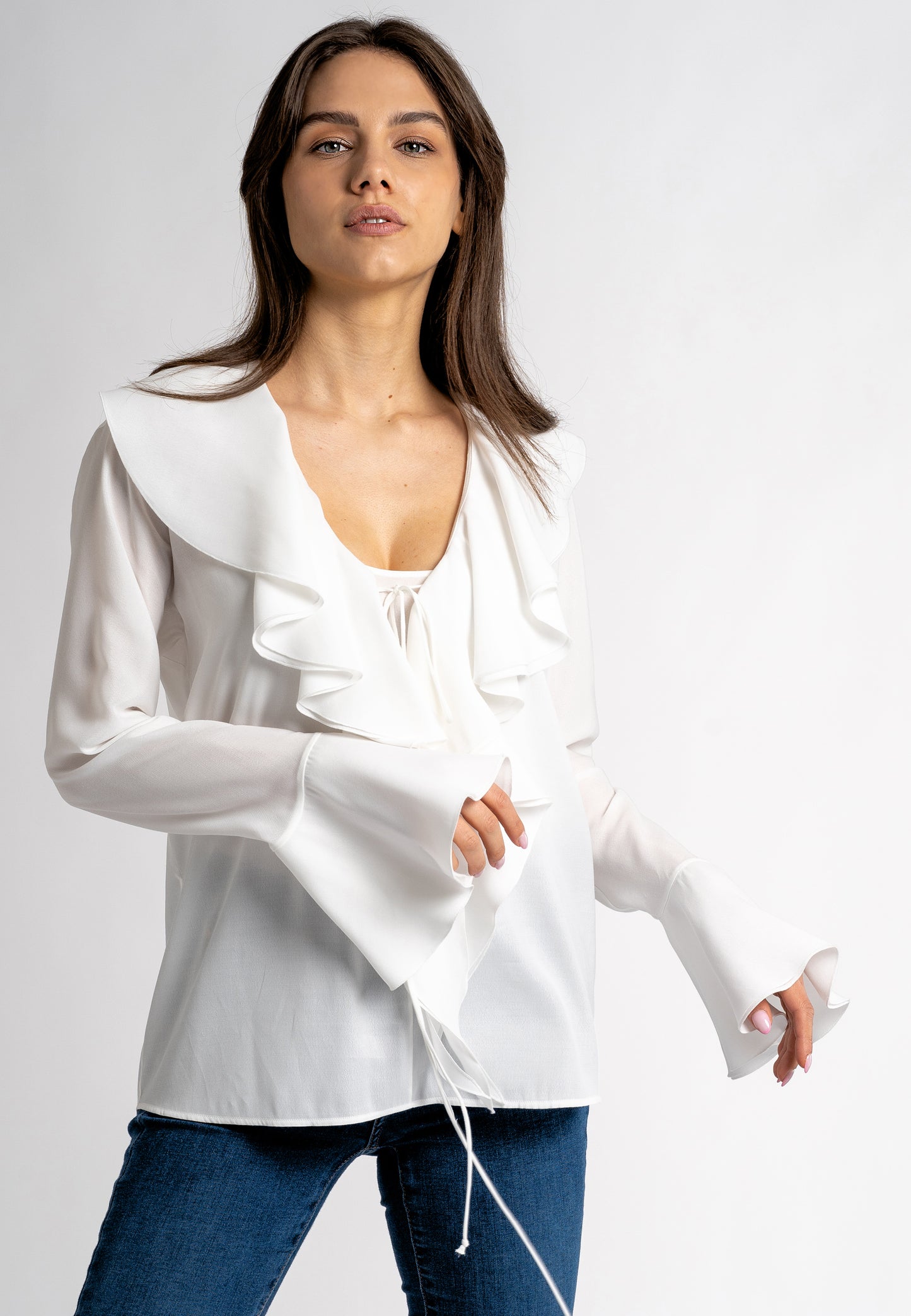 white ruffle blouse  white ruffle top  long sleeve ruffle tops viscose ruffle top  ruffle sleeve blouse  white blouse  designer ruffle top maxi ruffle  made in italy clothing sustainable clothing australia  ethical australian clothing  sustainable dresses australia 