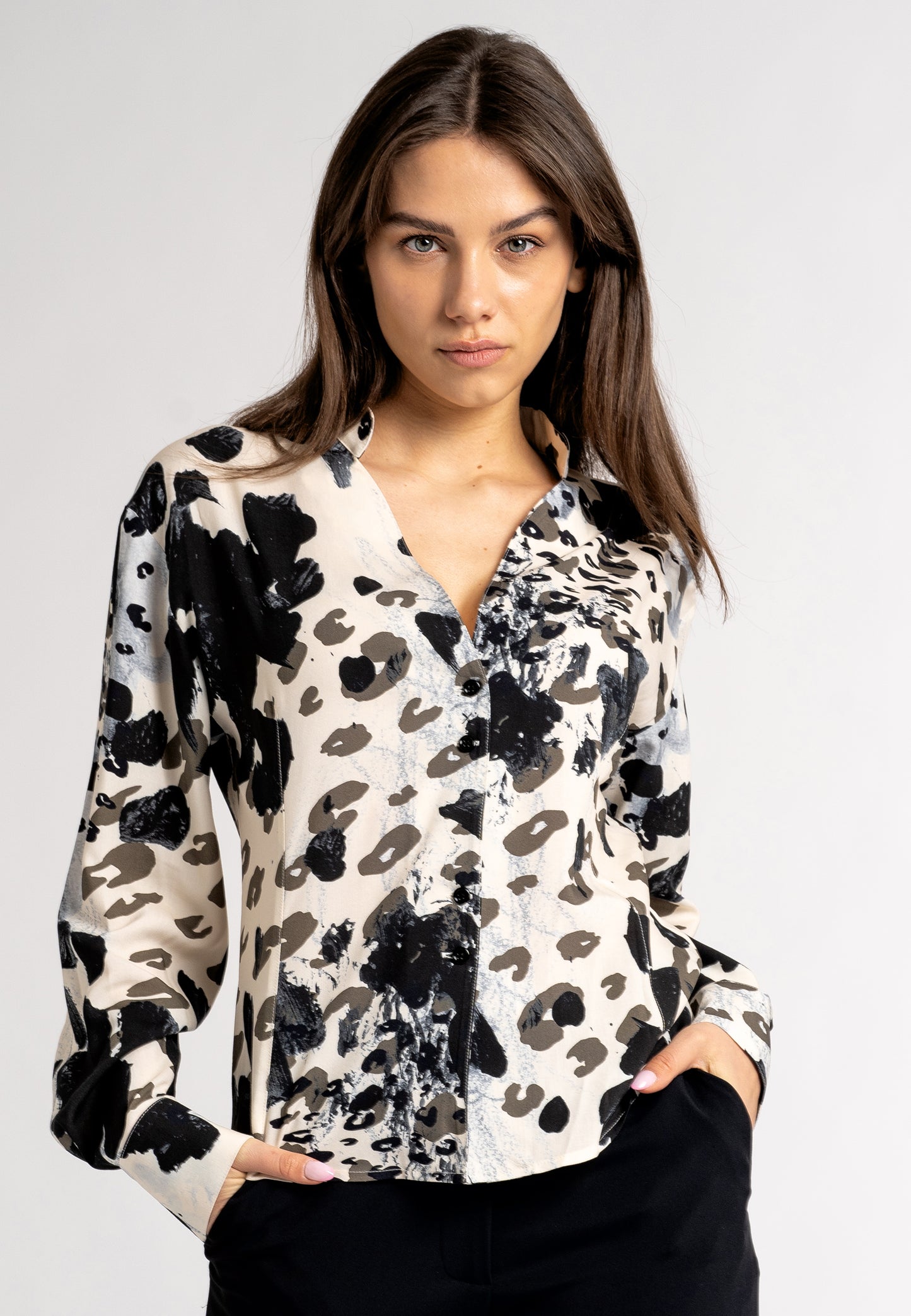 eco-clothing Sydney  ethical clothing  ethical merchandise australia sustainable clothing brands  Viscose Shirt   printed shirt  viscose shirt women  long sleeve viscose shirt  cow print shirt women's italian viscosa shirt  viscose top australia  made in italy clothing made in italy clothing brand viscose printed shirt  made in italy clothing