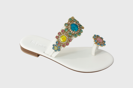 Capri Sandals – White Leather with Multicolour Swarovski Crystals