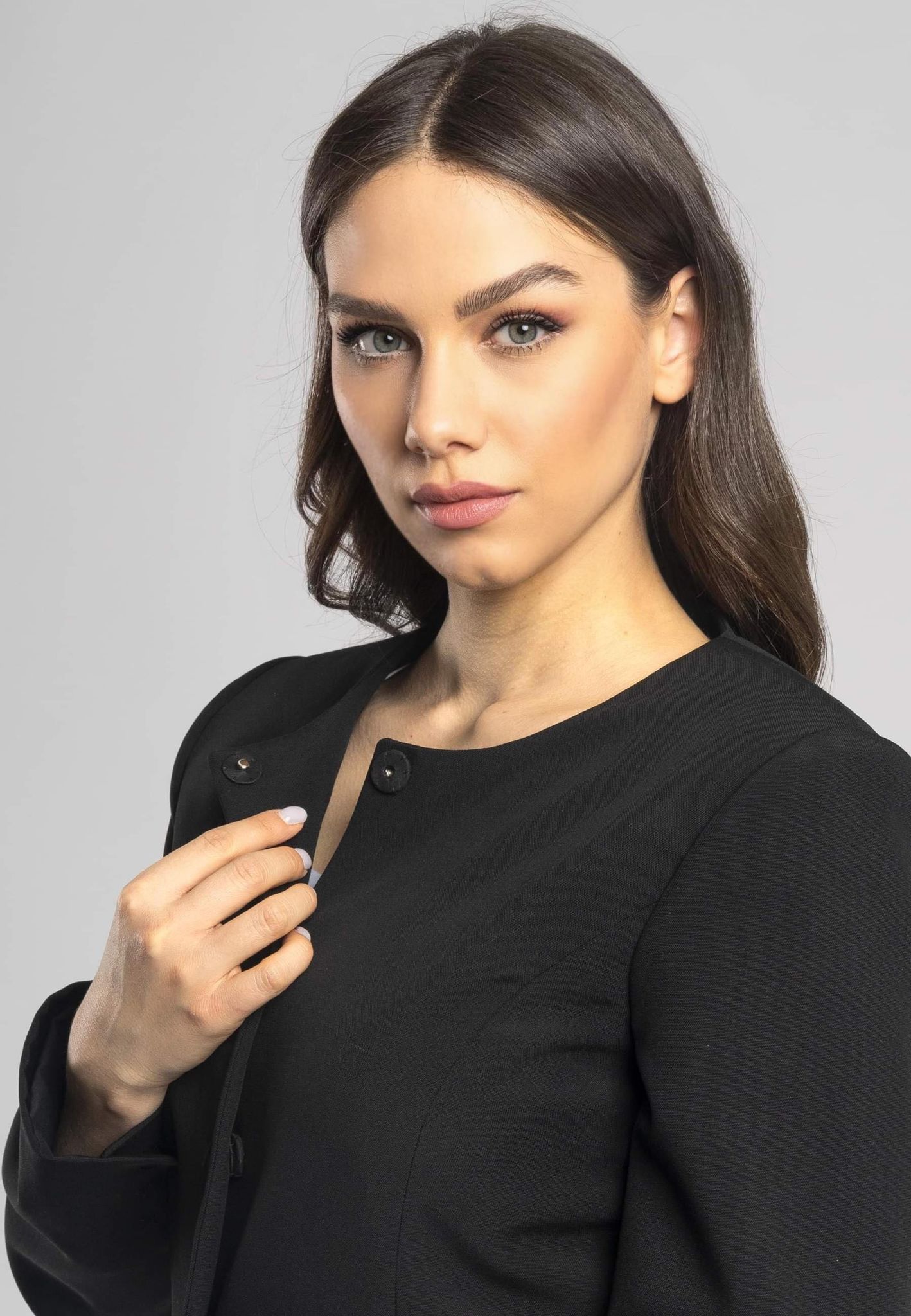 Italian made slim fit jacket, wool and eco-leather blend, snap button jacket, unique details jacket, stylish jacket with eco-leather panels