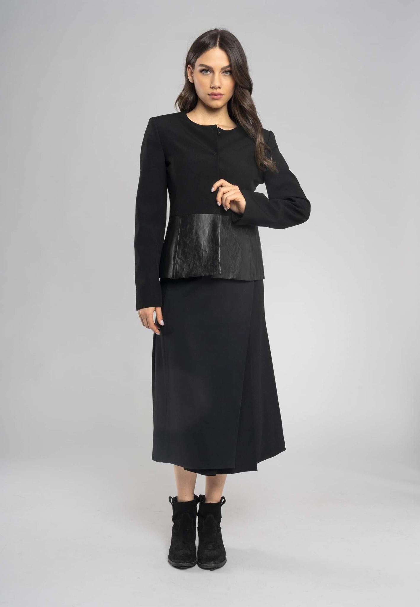 Italian made slim fit jacket, wool and eco-leather blend, snap button jacket, unique details jacket, stylish jacket with eco-leather panels