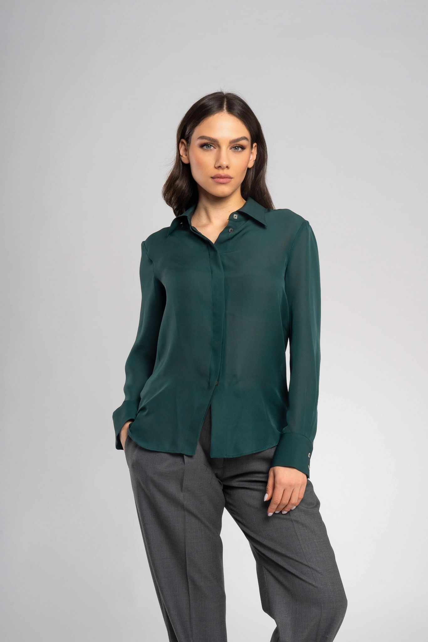 dark green silk shirt, Italian silk shirt, elegant silk shirt, classic silk shirt, versatile silk shirt, formal silk shirt, feminine silk shirt, Italian clothing, luxury silk shirt, Italian made shirt
