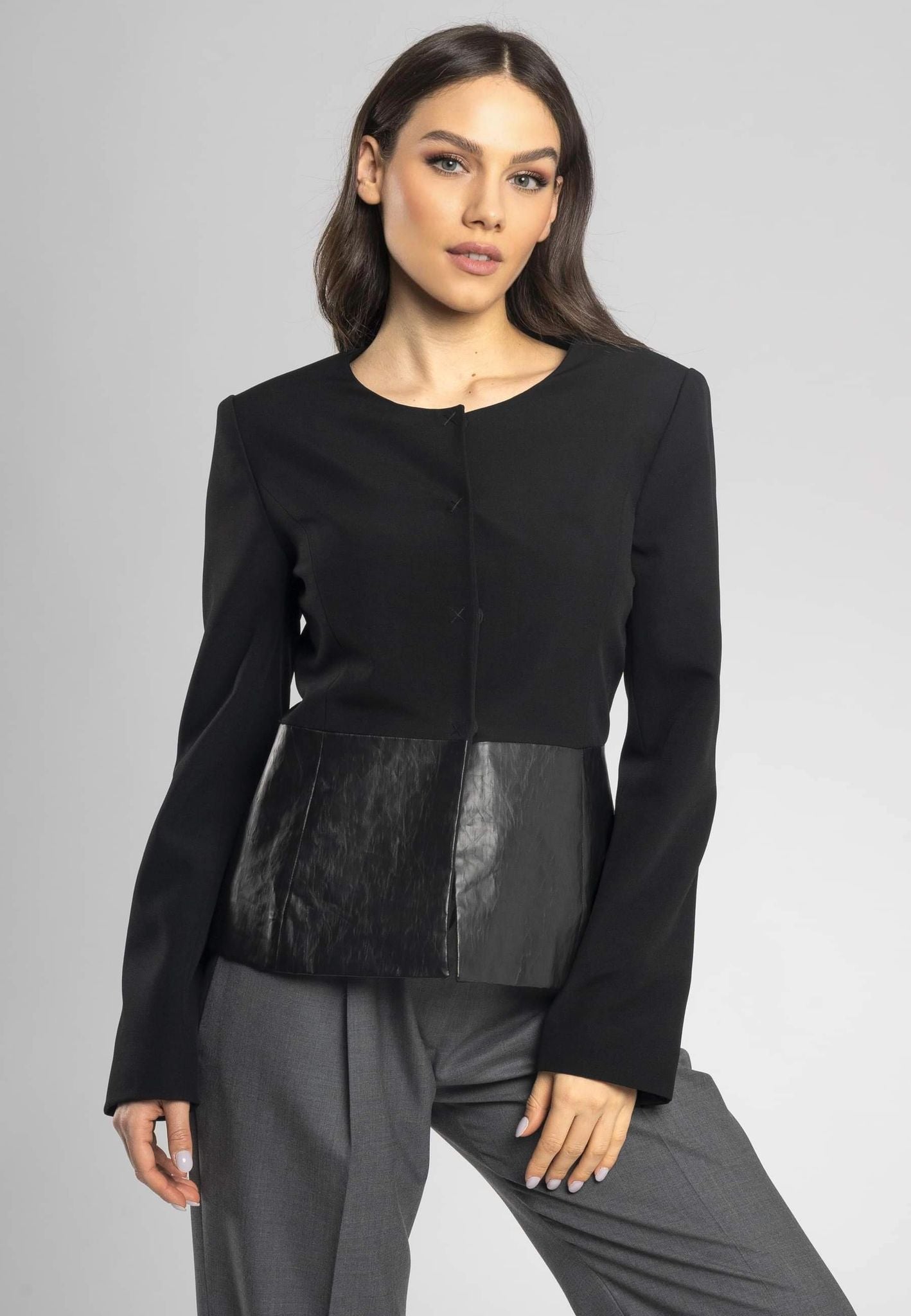 Italian made slim fit jacket, wool and eco-leather blend, snap button jacket, unique details jacket, stylish jacket with eco-leather panels