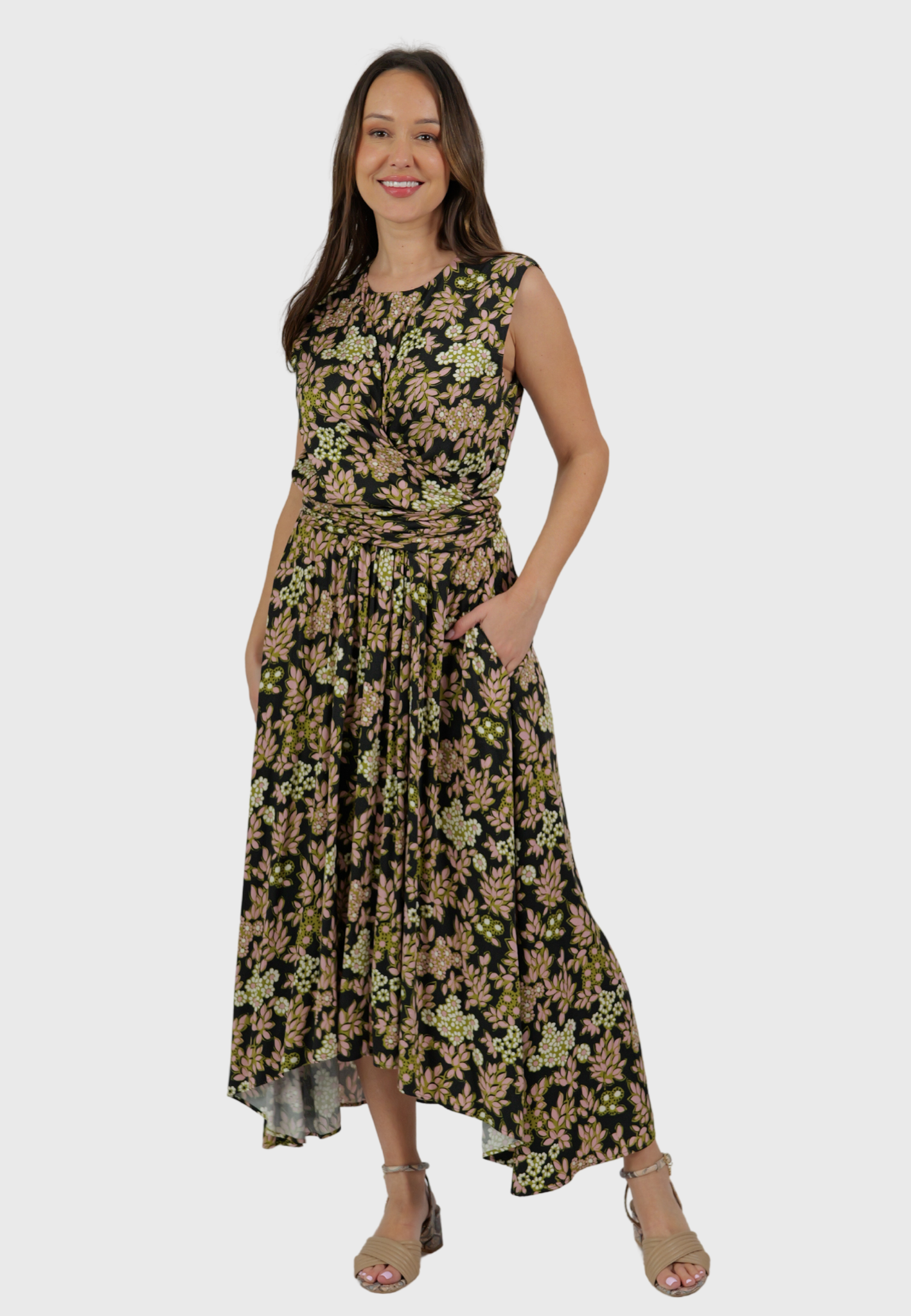 The Venezia Dress – Black Viscose with Florals