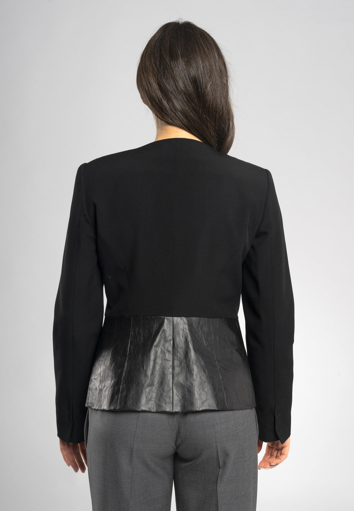 Italian made slim fit jacket, wool and eco-leather blend, snap button jacket, unique details jacket, stylish jacket with eco-leather panels