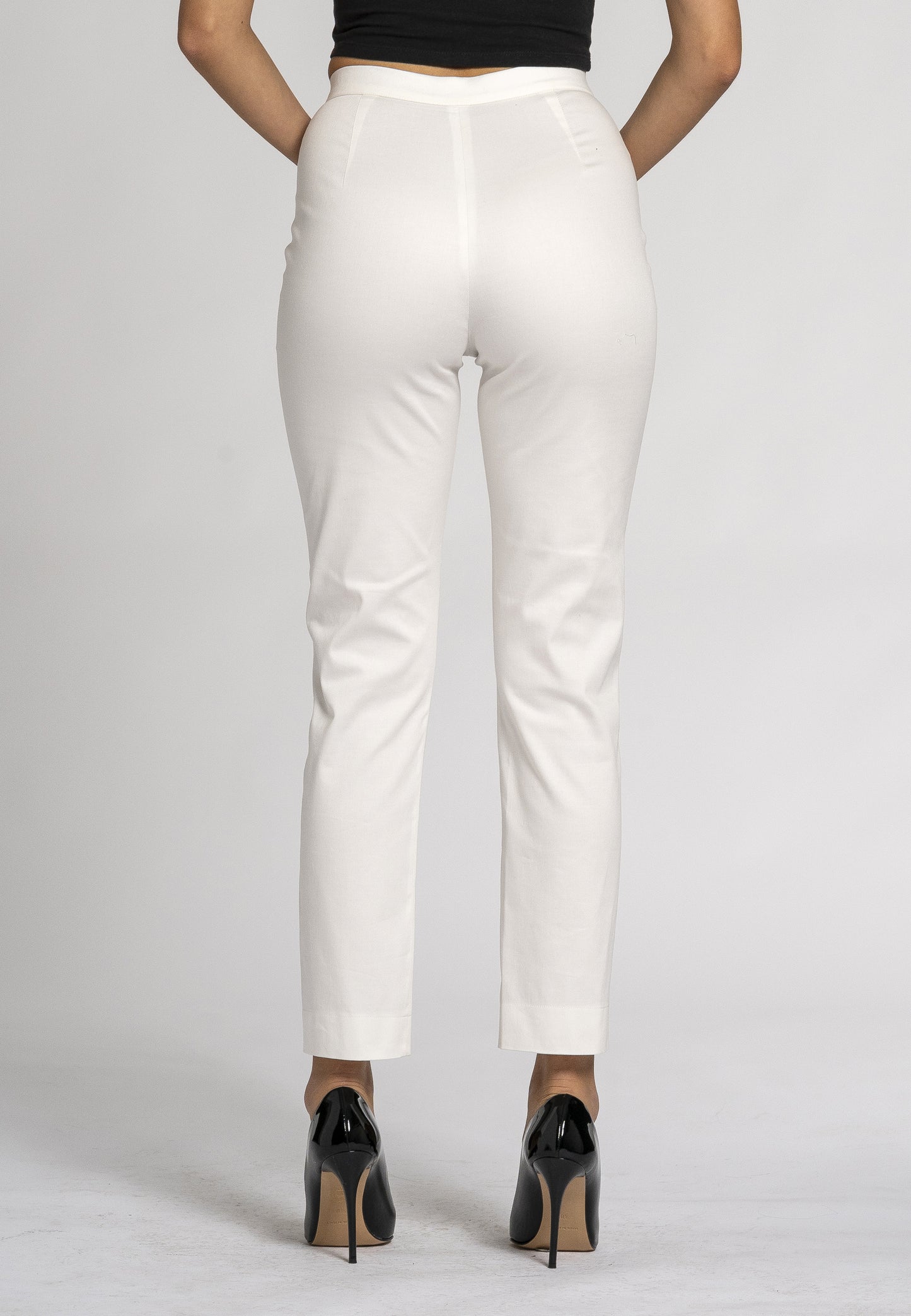 Primula Slim Fit Pants - White Stretch Cotton, Ankle-Length Leg, Zip and Button Front Opening