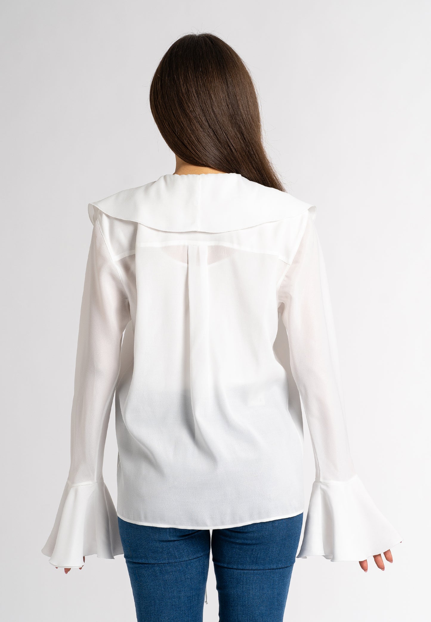 white ruffle blouse  white ruffle top  long sleeve ruffle tops viscose ruffle top  ruffle sleeve blouse  white blouse  designer ruffle top maxi ruffle  made in italy clothing sustainable clothing australia  ethical australian clothing  sustainable dresses australia 