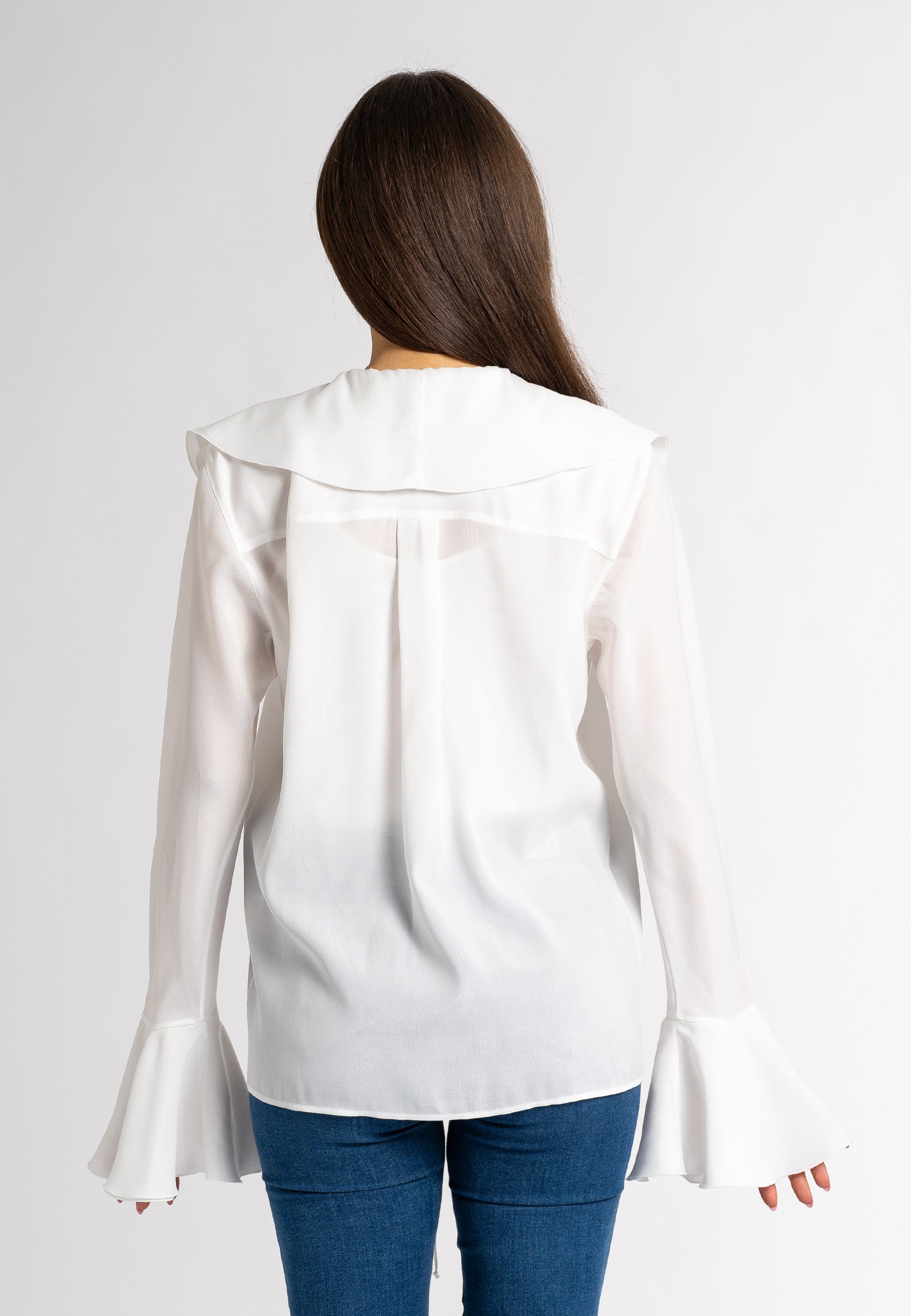 white ruffle blouse  white ruffle top  long sleeve ruffle tops viscose ruffle top  ruffle sleeve blouse  white blouse  designer ruffle top maxi ruffle  made in italy clothing sustainable clothing australia  ethical australian clothing  sustainable dresses australia 