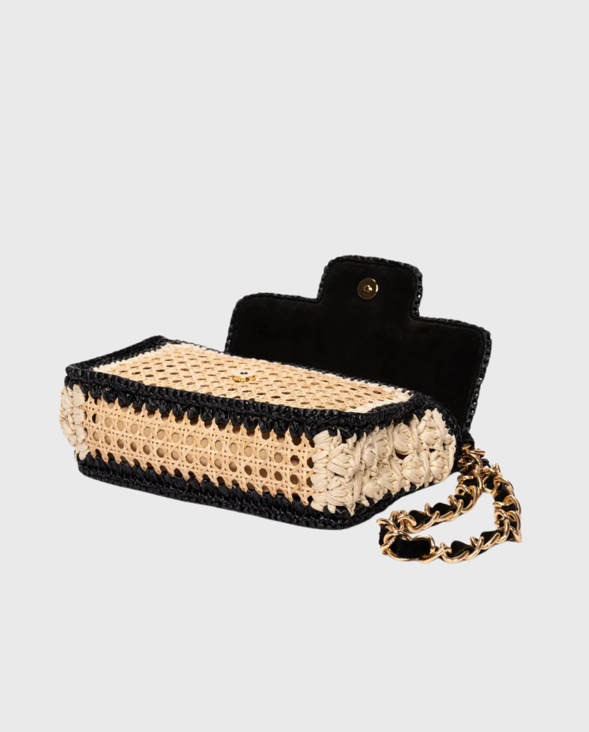 Ginevra Rattan and Crochet Raffia Bag – Black & White