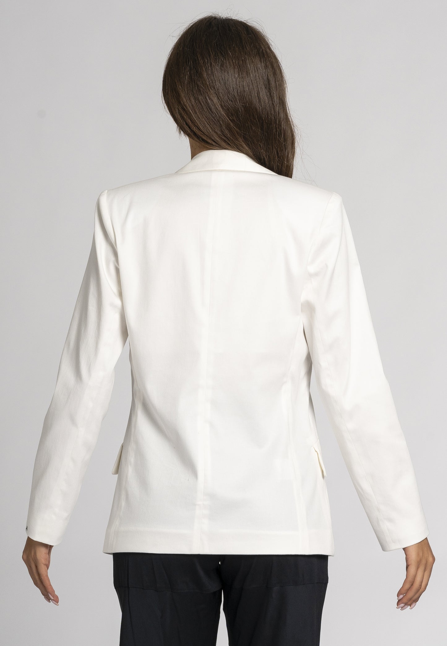 Girasole White Jacket - Soft Cotton Stretch, Classic Collar, Two-Button Lacing, Rounded Hem, Classic Shoulder