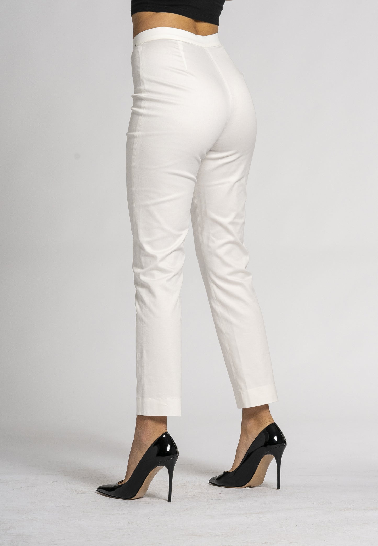 Primula Slim Fit Pants - White Stretch Cotton, Ankle-Length Leg, Zip a ...