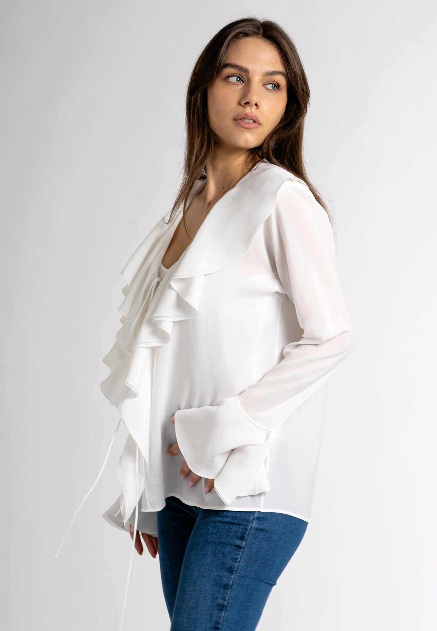 white ruffle blouse  white ruffle top  long sleeve ruffle tops viscose ruffle top  ruffle sleeve blouse  white blouse  designer ruffle top maxi ruffle  made in italy clothing sustainable clothing australia  ethical australian clothing  sustainable dresses australia 