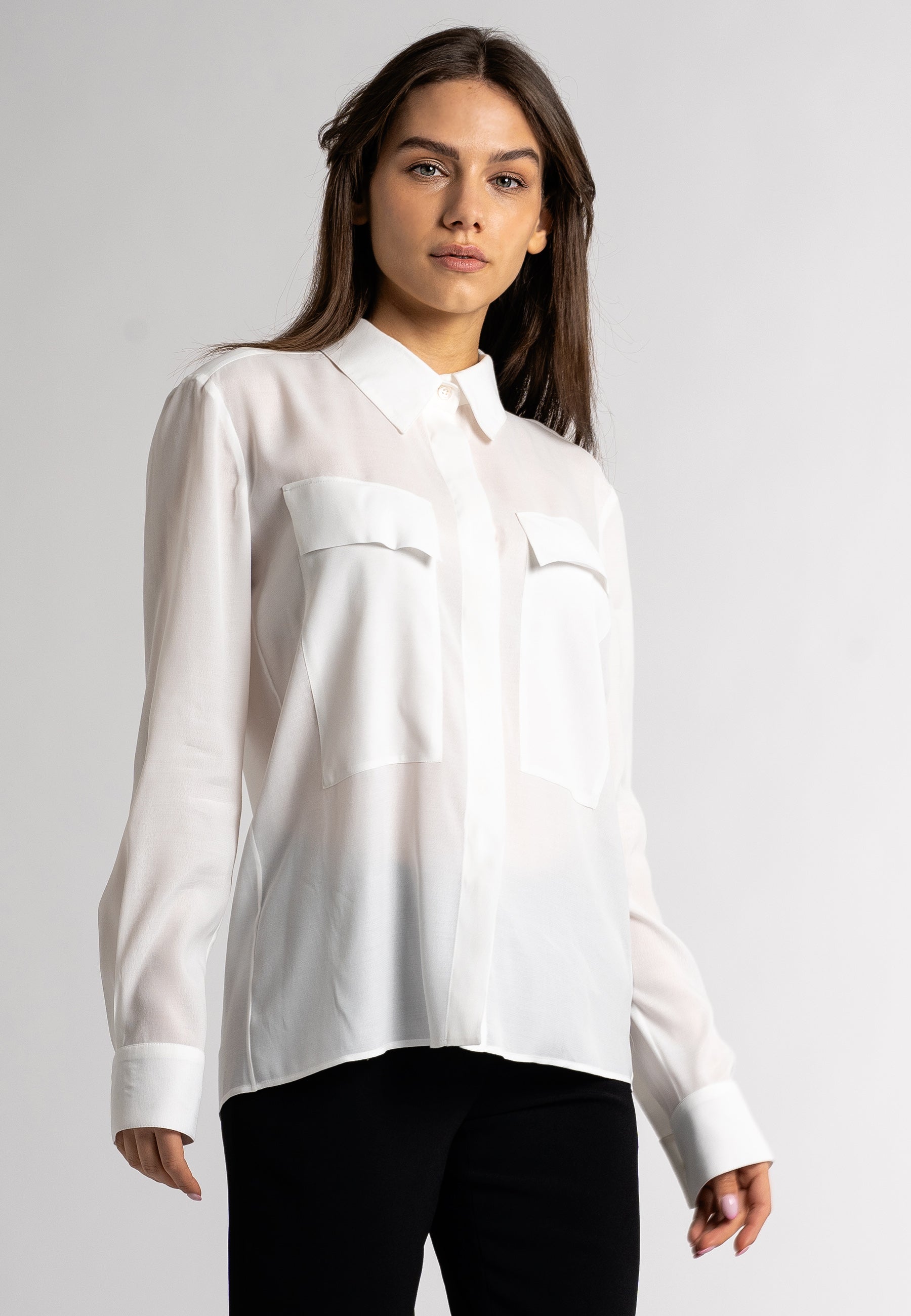  feminine white shirt, ladies long sleeve shirt, viscose blouse, stylish white shirt, pocket shirt