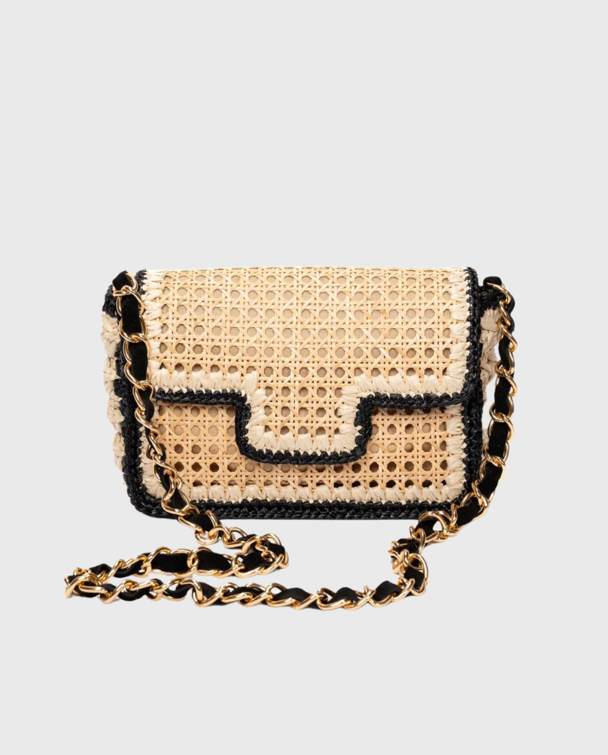 Ginevra Rattan and Crochet Raffia Bag – Black & White