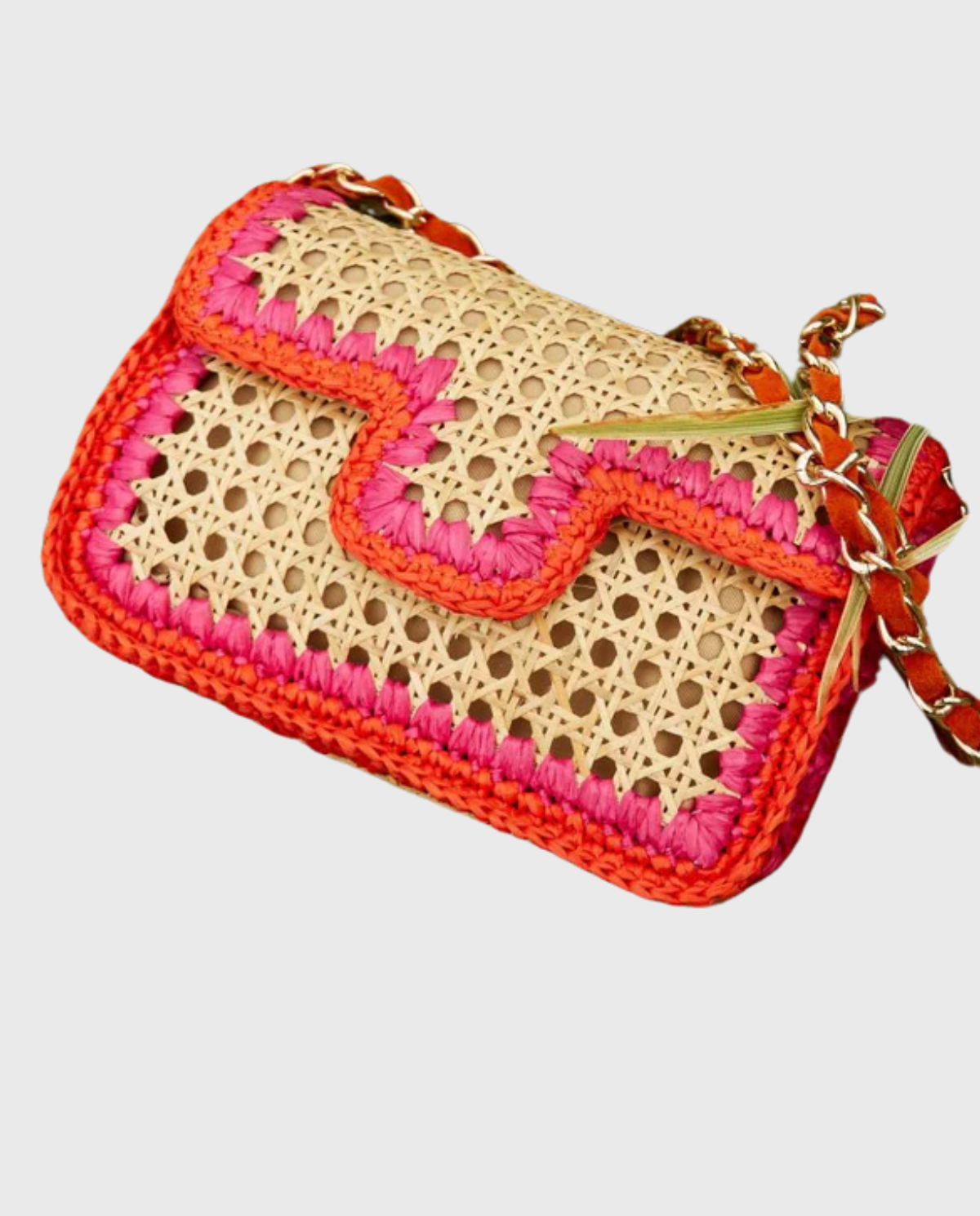 Ginevra Rattan and Crochet Raffia Bag – Orange & Fuchsia