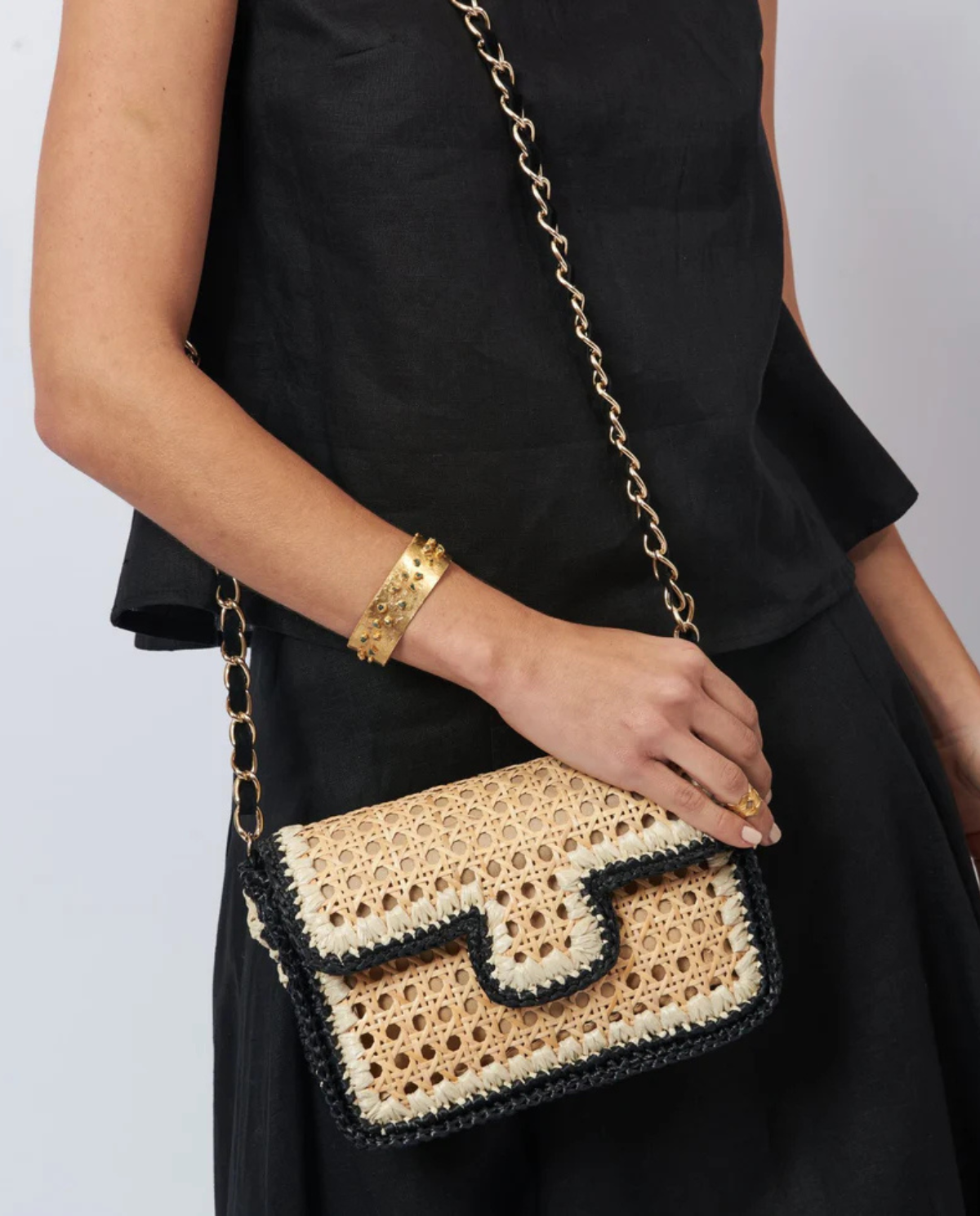 Ginevra Rattan and Crochet Raffia Bag – Black & White