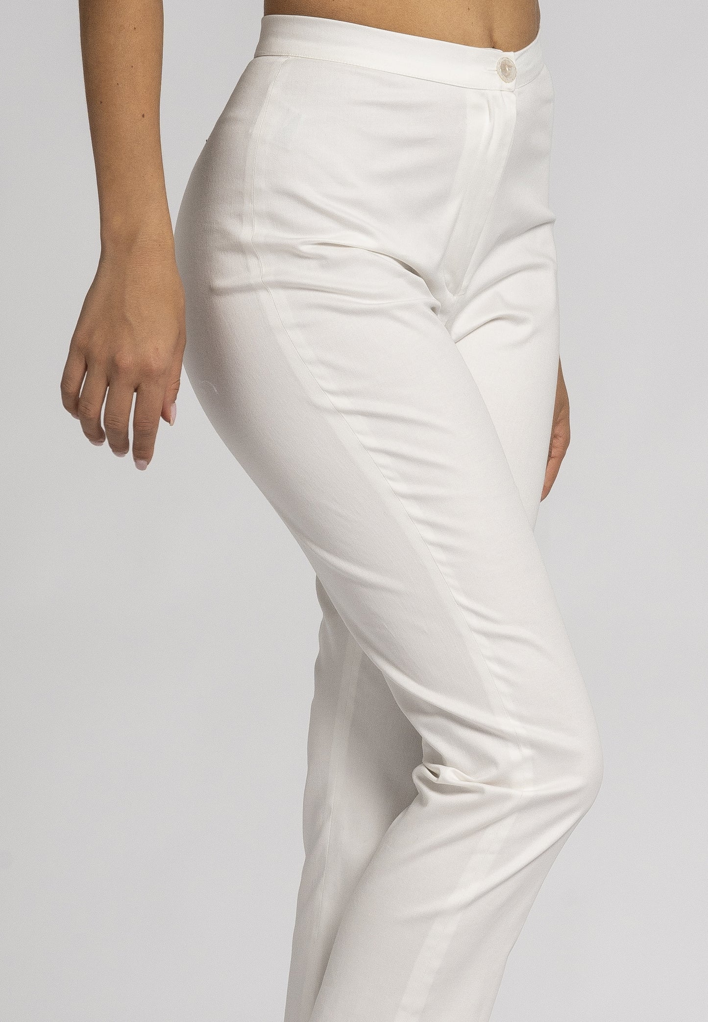 Primula Slim Fit Pants - White Stretch Cotton, Ankle-Length Leg, Zip and Button Front Opening