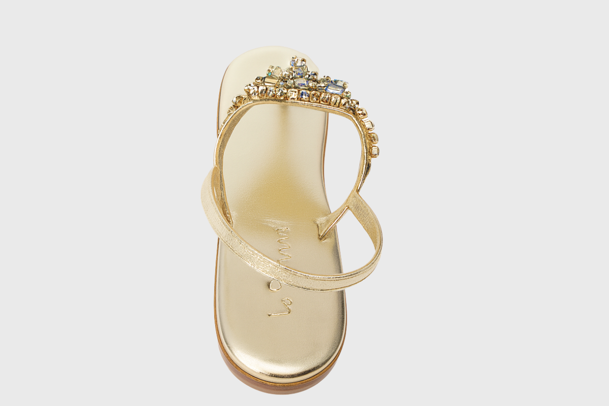 Ravello Sandals – Metallic Gold Leather with Multicolour Crystals
