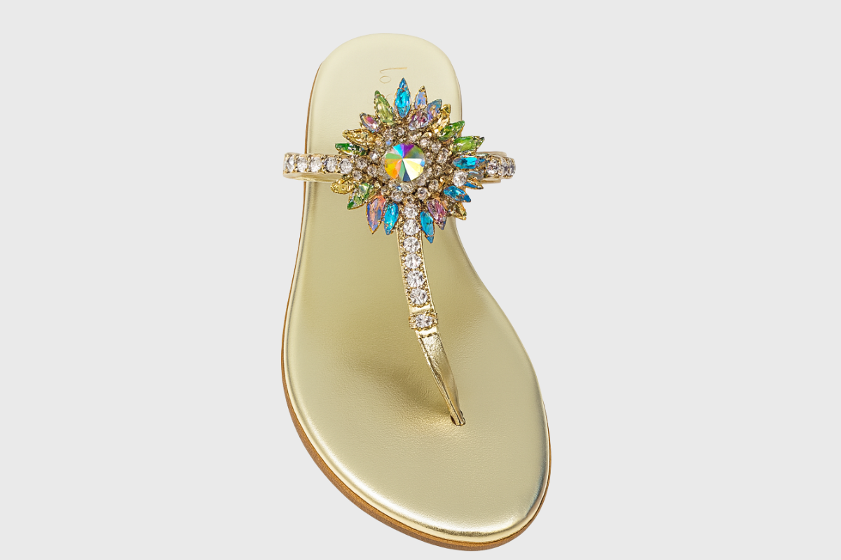 Ravello Sandals – Metallic Gold Leather with Multicolour Crystals