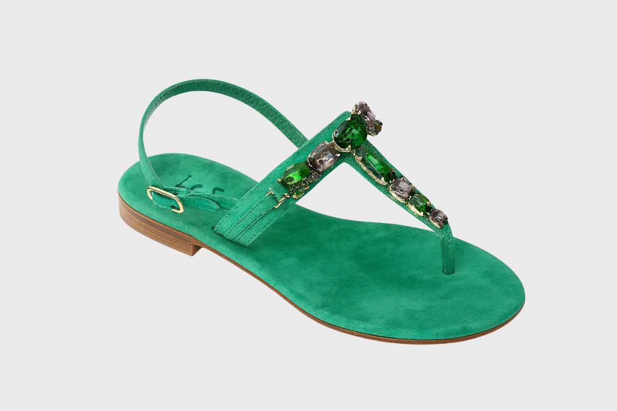 Portofino Sandals – Emerald Green Suede with Swarovski Crystals