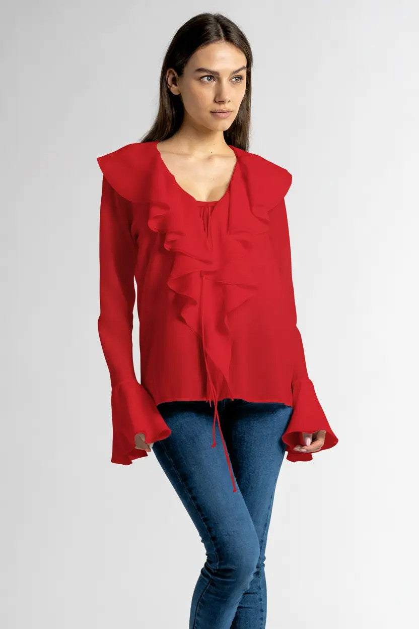 Allegra Ruffle Blouse - Red Silk