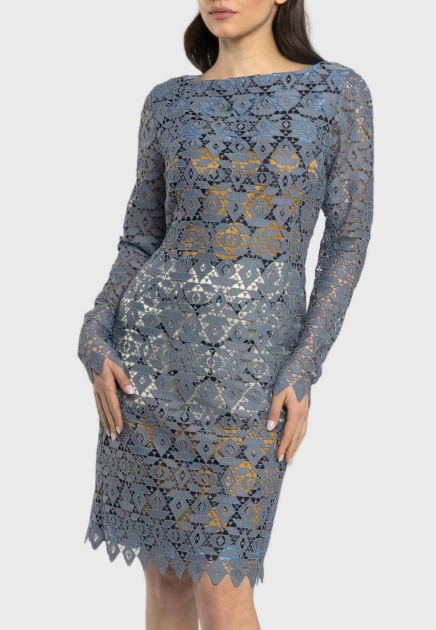 Azzurra Lace Sheath Dress – Sky Blue with Polka Dot Silk Slip