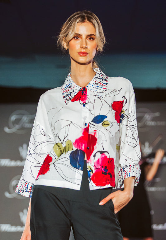 floral print shirt, viscose and linen shirt, oversized shirt, elbow sleeves, classic collar, combination of prints, Italian viscose and linen, luxury shirt, comfortable and breathable fabric, versatile shirt, stylish shirt, Primula trousers, Calla trousers, statement shirt, elevate your look