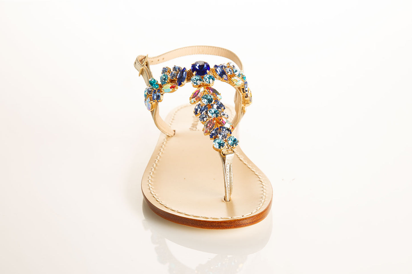 flat sandals with aqua Swarovski crystals, luxury sandals with crystal embellishment, Tuscan leather sandals, stylish thong strap sandals, comfortable flat sandals