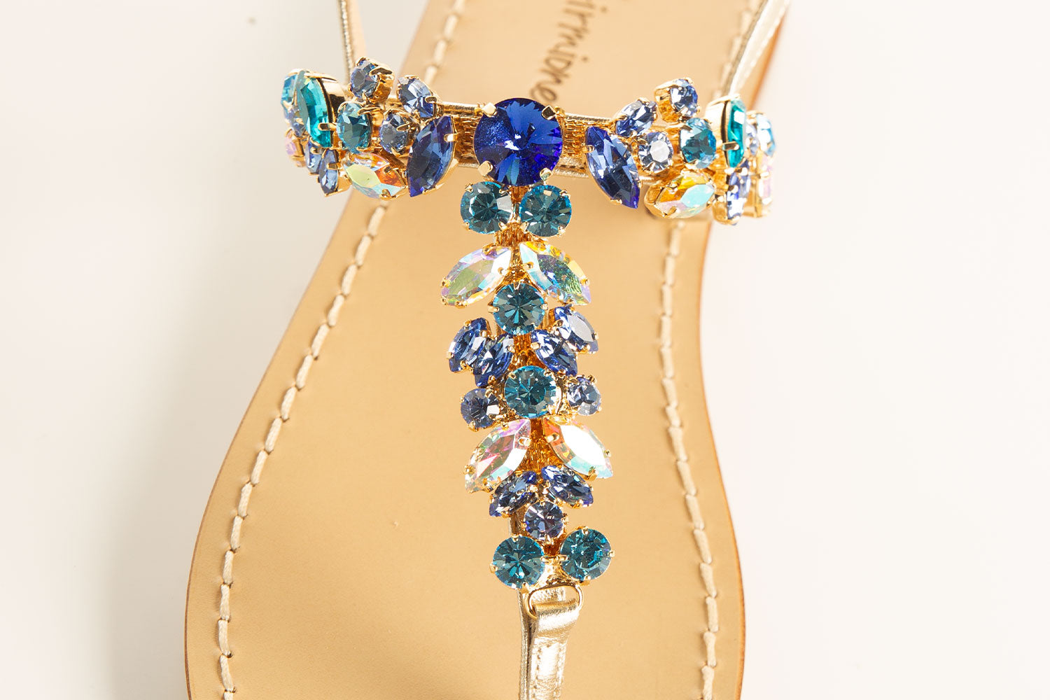 flat sandals with aqua Swarovski crystals, luxury sandals with crystal embellishment, Tuscan leather sandals, stylish thong strap sandals, comfortable flat sandals