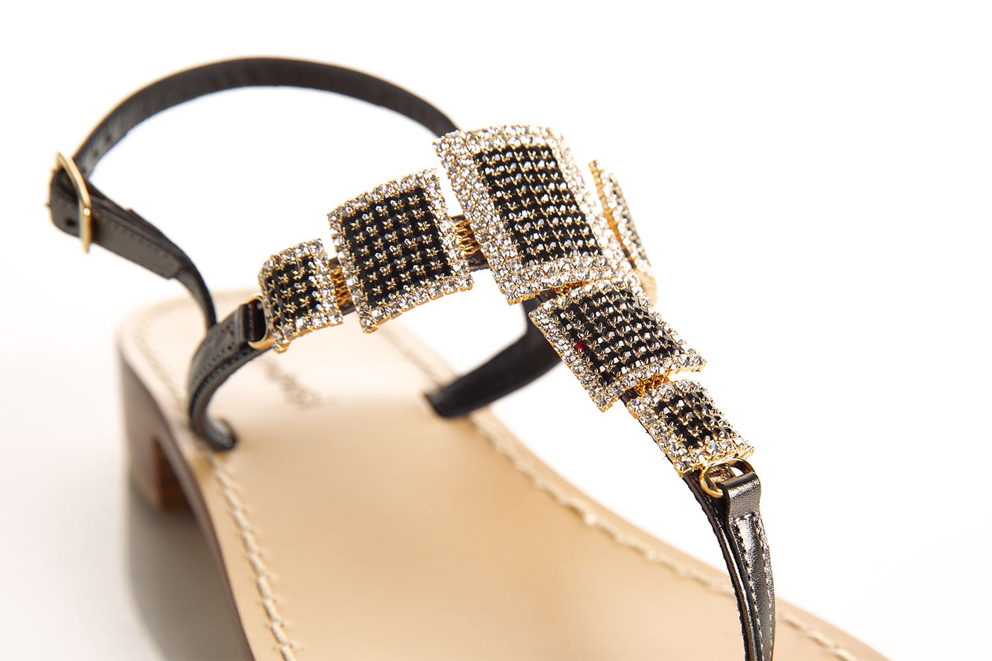 Swarovski stone embellished black sandals, elegant Italian leather sandals, comfortable heel sandals, luxury black sandals, statement sandals
