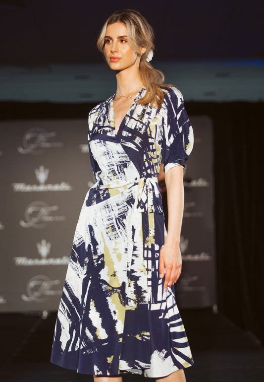 silk midi dress, blue and green strip print dress, slim fit midi dress, elbow sleeves dress, wrap-around neckline dress, elegant and stylish dress