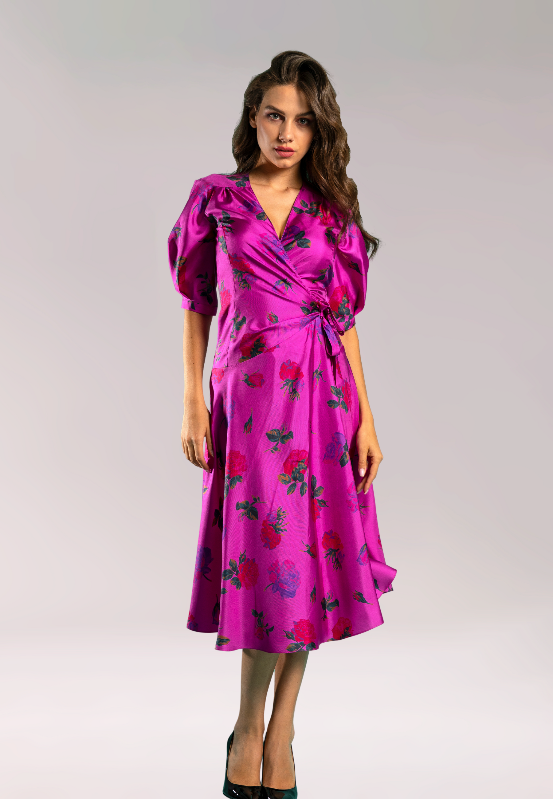 The Viola Silk Wrap Midi Dress in Fuchsia - Exclusive and Limited Edit