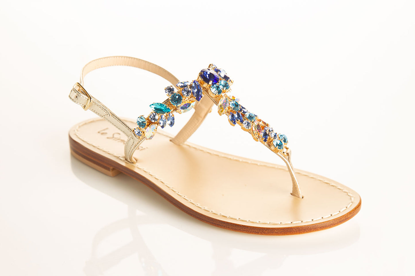 flat sandals with aqua Swarovski crystals, luxury sandals with crystal embellishment, Tuscan leather sandals, stylish thong strap sandals, comfortable flat sandals