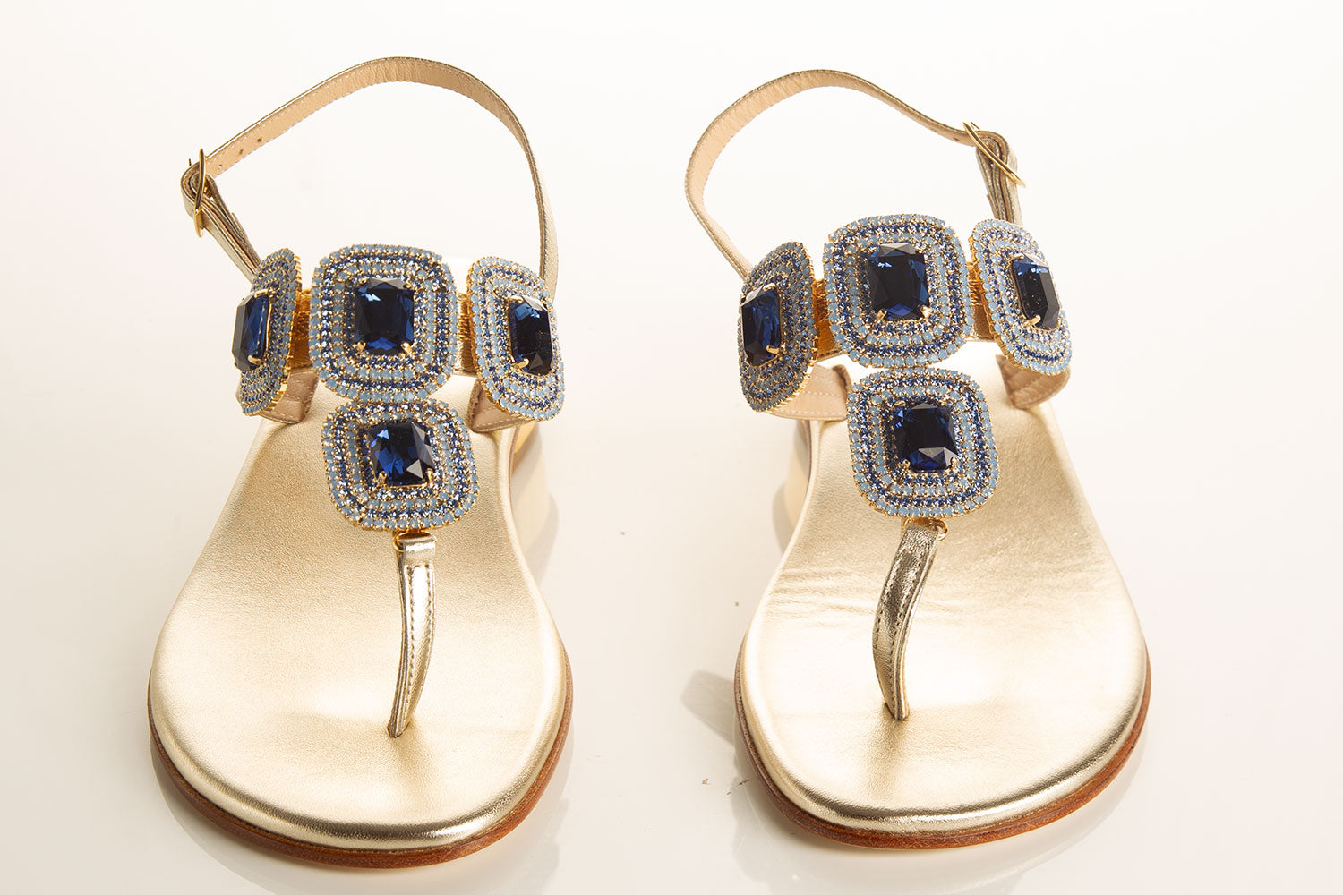 blue sandals with gold base, jewel sandals with swarovski stones, comfortable heel sandals, high-quality sandals, elegant footwear collection