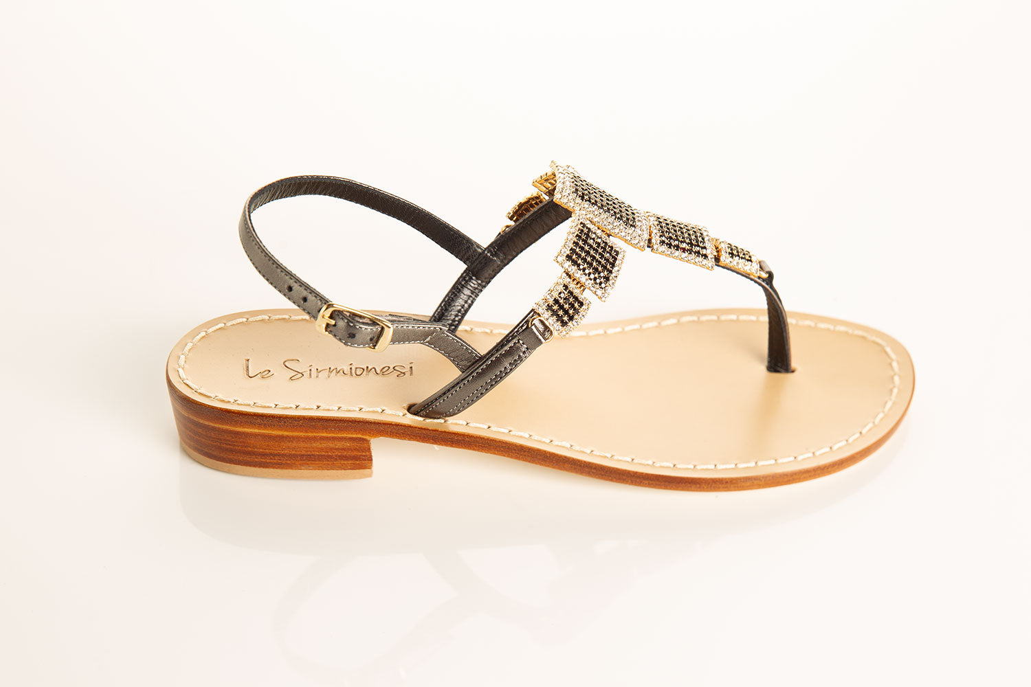 Swarovski stone embellished black sandals, elegant Italian leather sandals, comfortable heel sandals, luxury black sandals, statement sandals