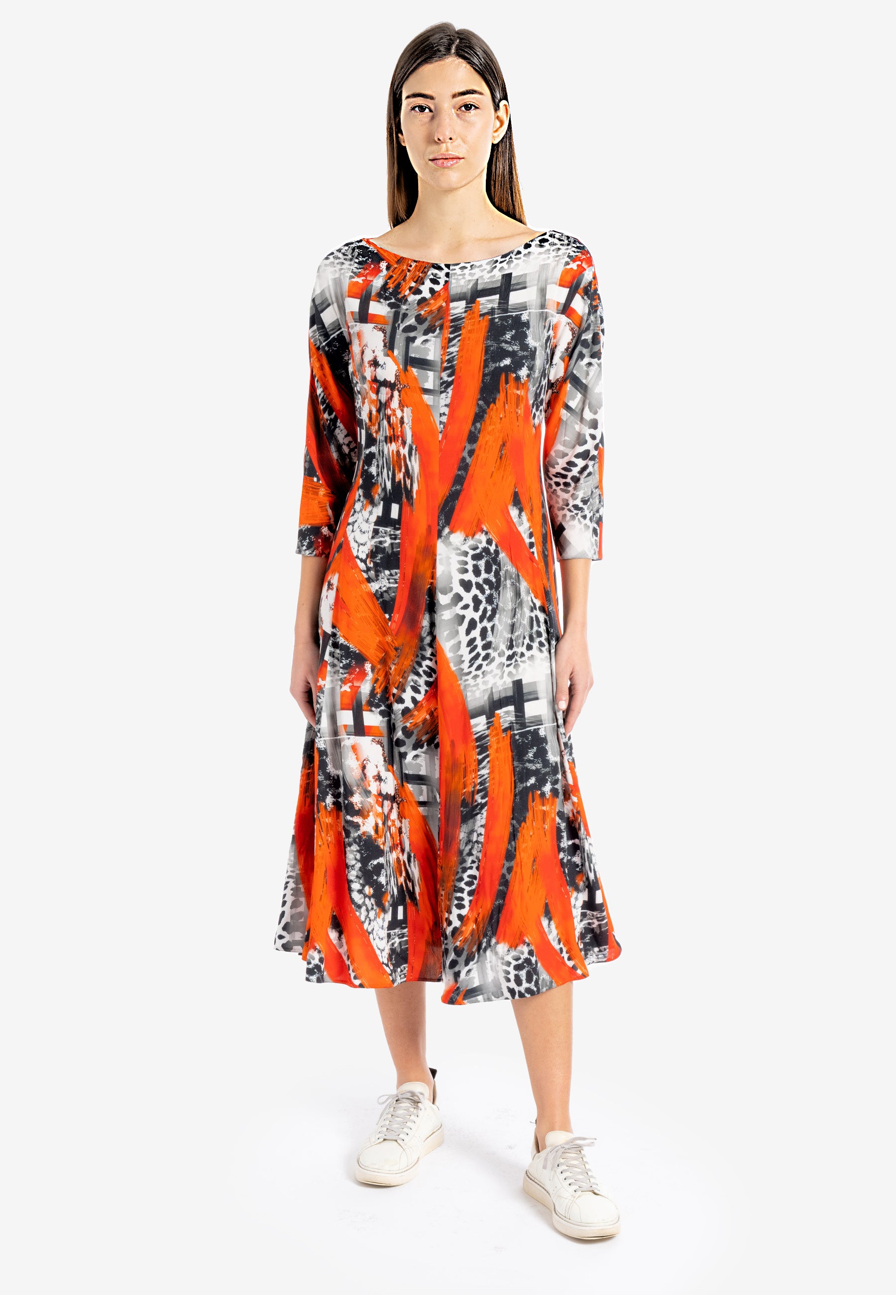 Boat Dress Kimono Sleeve Midi Dress  3/4 sleeve dress  Boat Dress Collar  winter dresses Australia  boat neck collar dress  midi dress australia  midi dress with sleeve  orange print midi dress midi kimono sleeve dress 