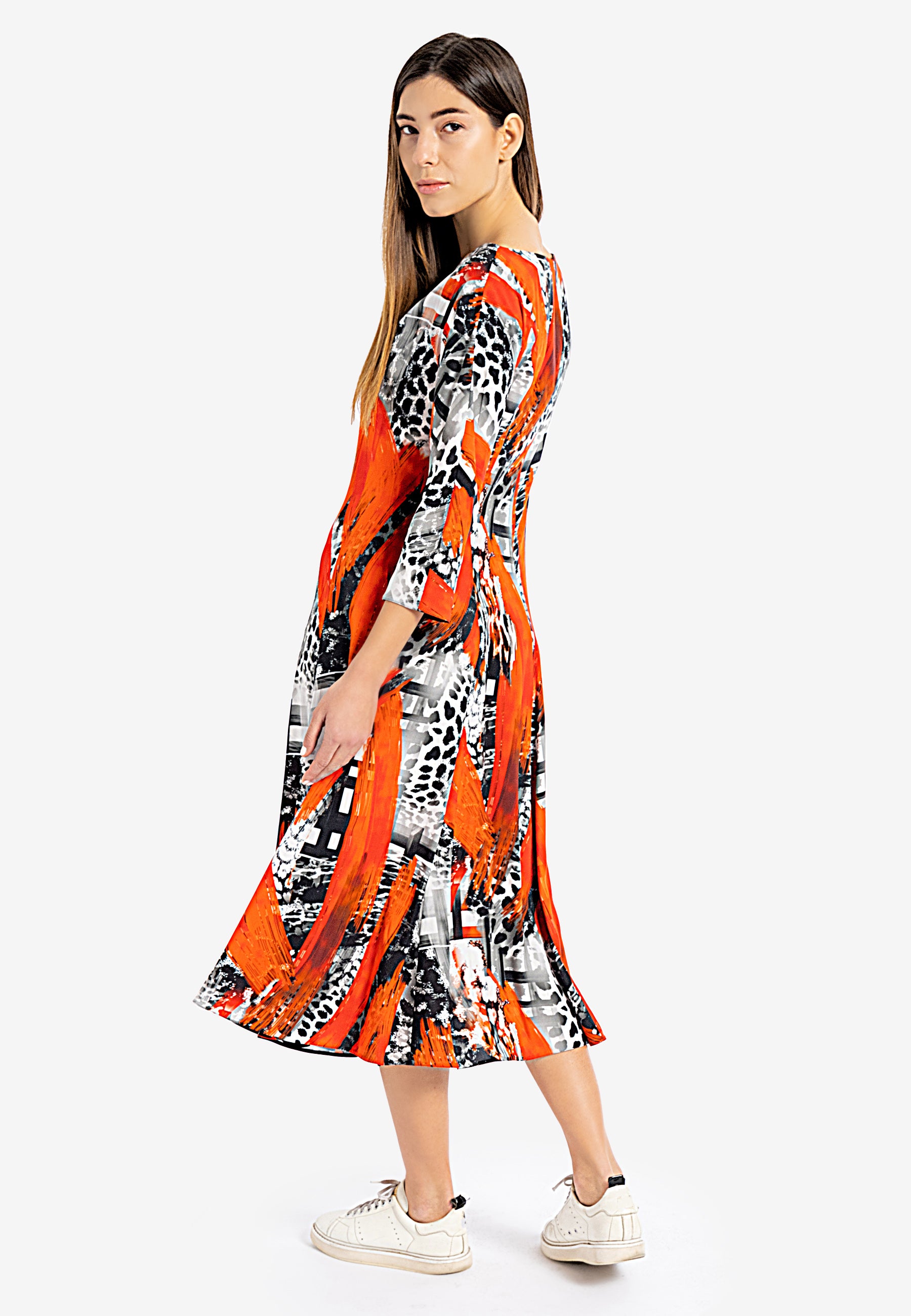 Boat Dress Kimono Sleeve Midi Dress  3/4 sleeve dress  Boat Dress Collar  winter dresses Australia  boat neck collar dress  midi dress australia  midi dress with sleeve  orange print midi dress midi kimono sleeve dress 