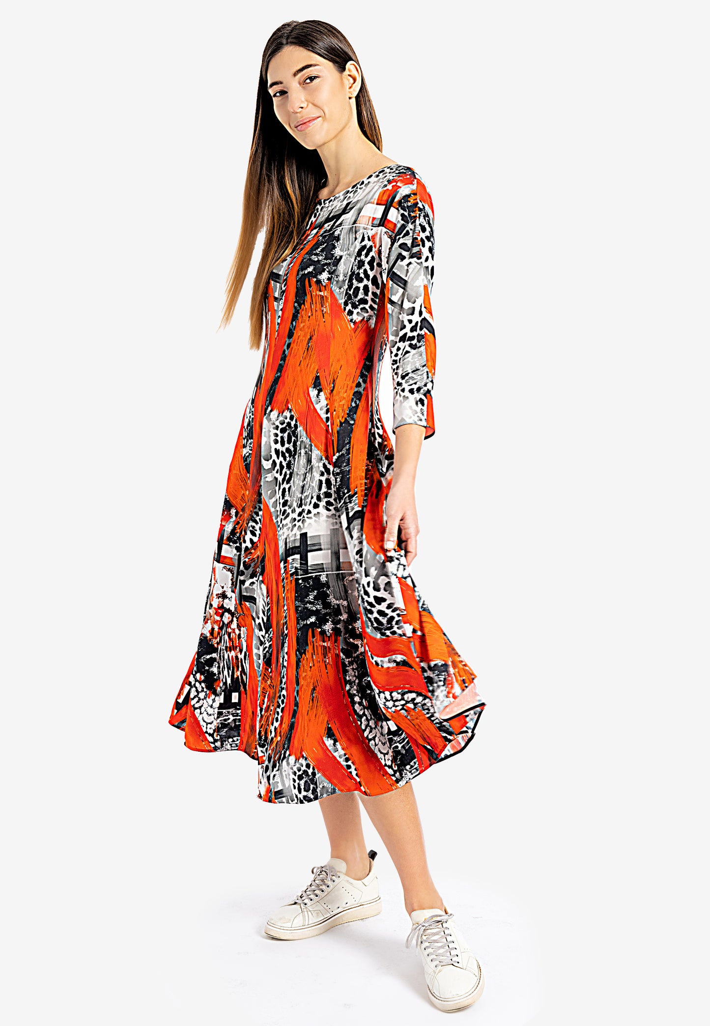 Boat Dress Kimono Sleeve Midi Dress  3/4 sleeve dress  Boat Dress Collar  winter dresses Australia  boat neck collar dress  midi dress australia  midi dress with sleeve  orange print midi dress midi kimono sleeve dress 